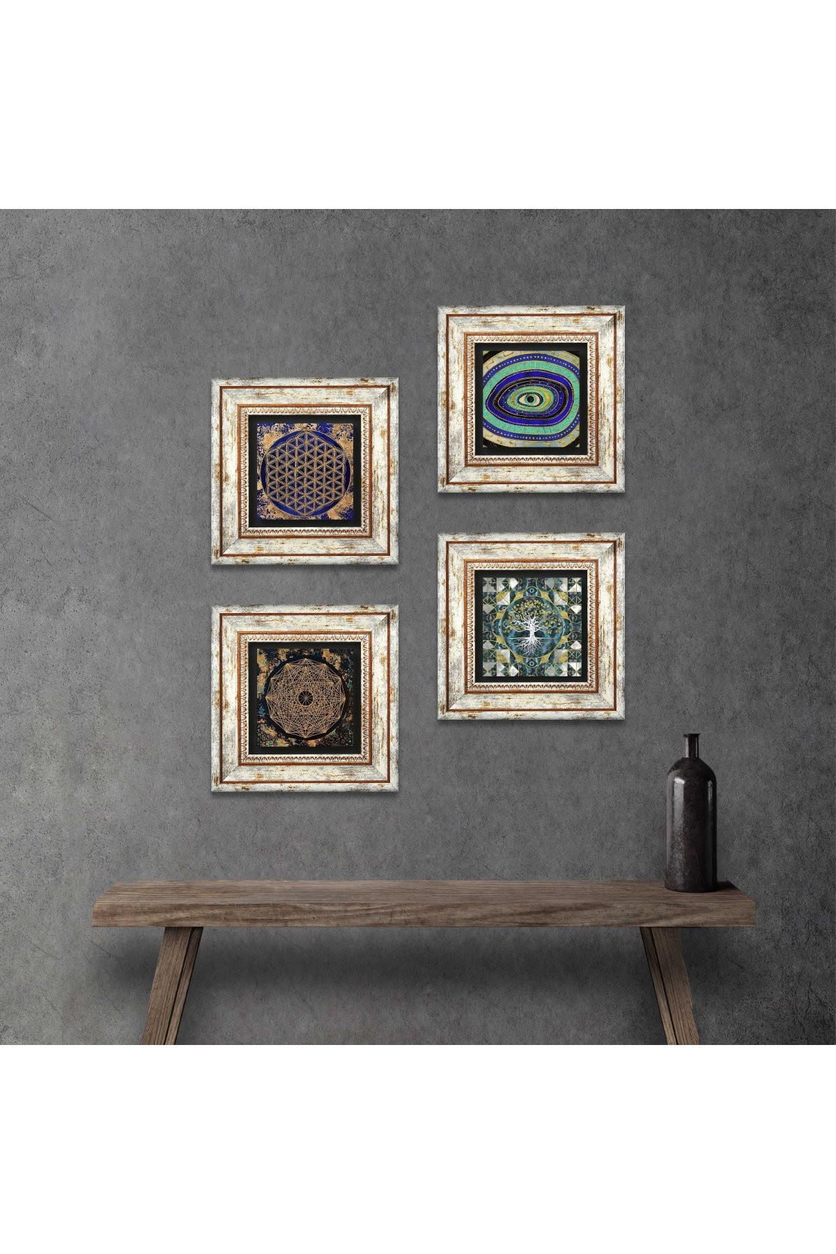 Hayat Ağacı, Nazar, Sri Yantra, Yaşam Çiçeği Taş Duvar Tablosu Çerçeveli Duvar Dekoru 4 Parça Tablo Seti Wall Art