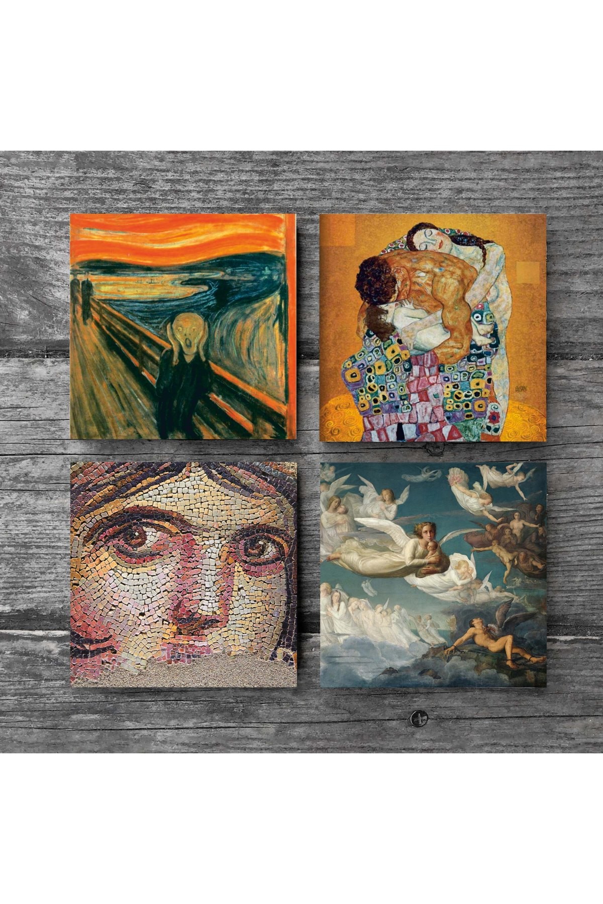 Çığlık, Çingene Kızı Mozaiği, Gustav Klimt Aile Kucaklama, Ruhların Geçişi Taş Bardak Altlığı Masaüstü Koruyucu Altlık 4 Parça Set 10x10cm Stone Coasters