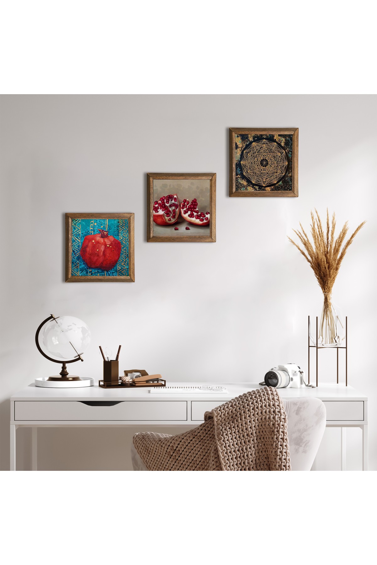 Sri Yantra, Nar Taş Duvar Tablosu Ahşap Çerçeveli Duvar Dekoru 3 Parça Tablo Seti Wall Art