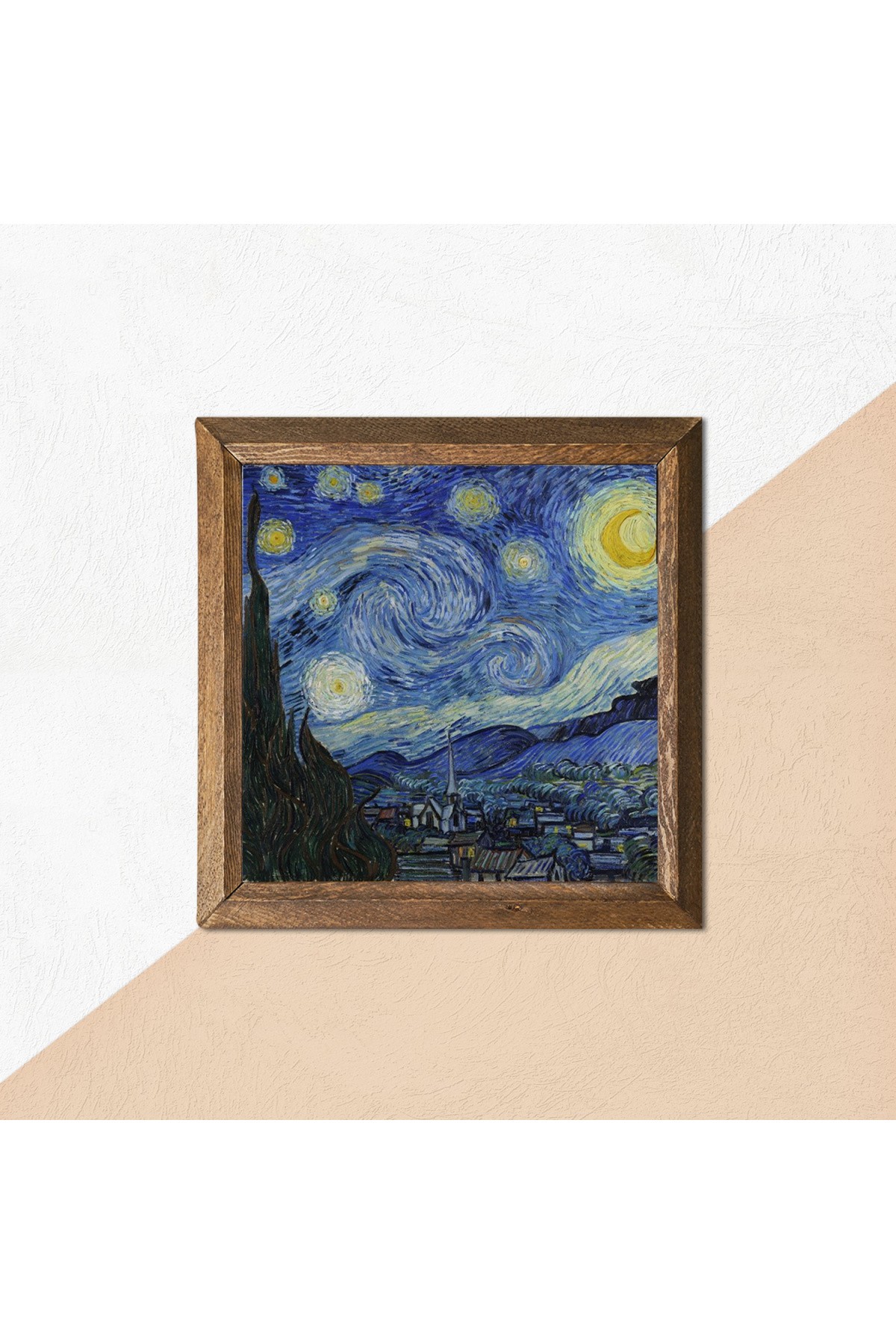 Vincent van Gogh Starry Night Stone Wall Painting Wood Framed Wall Decor Wall Art 25x25cm