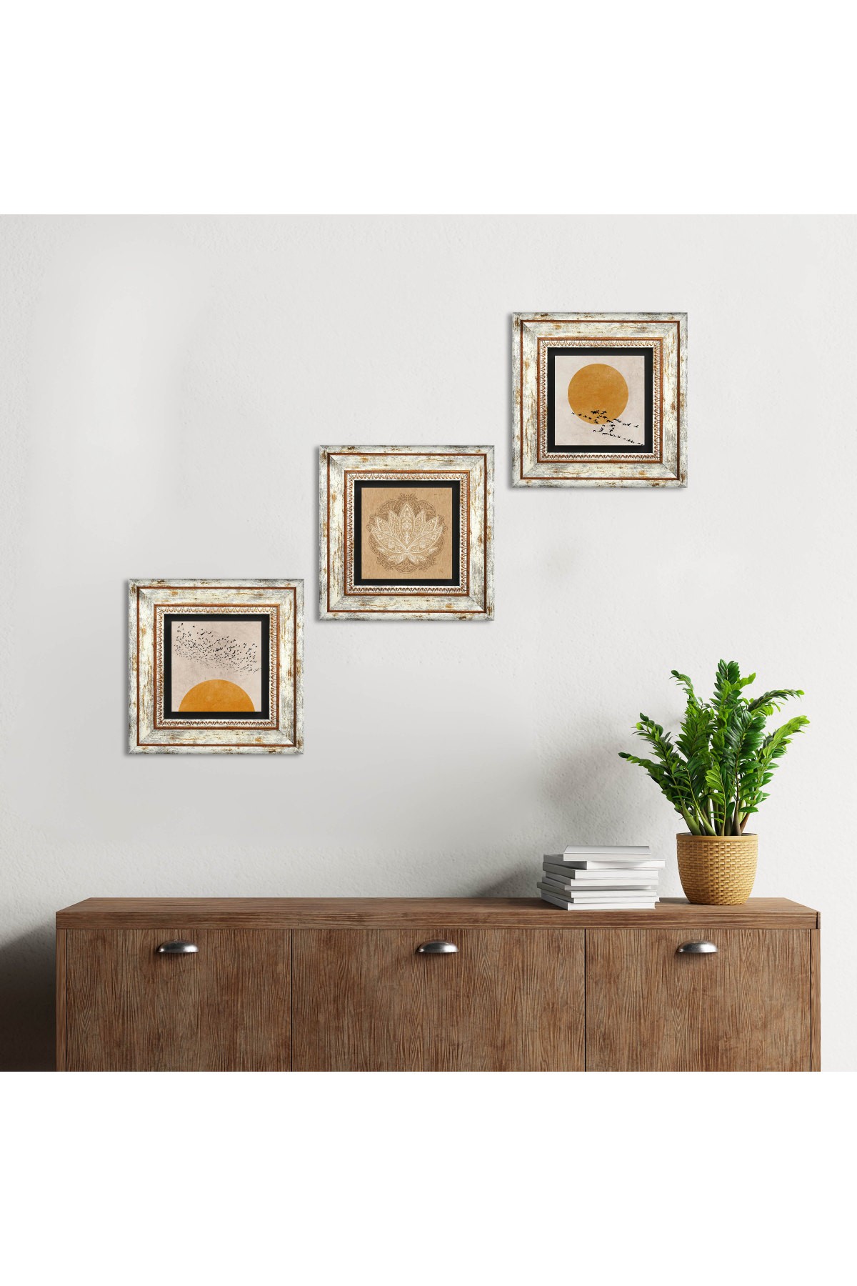 Minimalist, Lotus Çiçeği Taş Duvar Tablosu Çerçeveli Duvar Dekoru 3 Parça Tablo Seti Wall Art