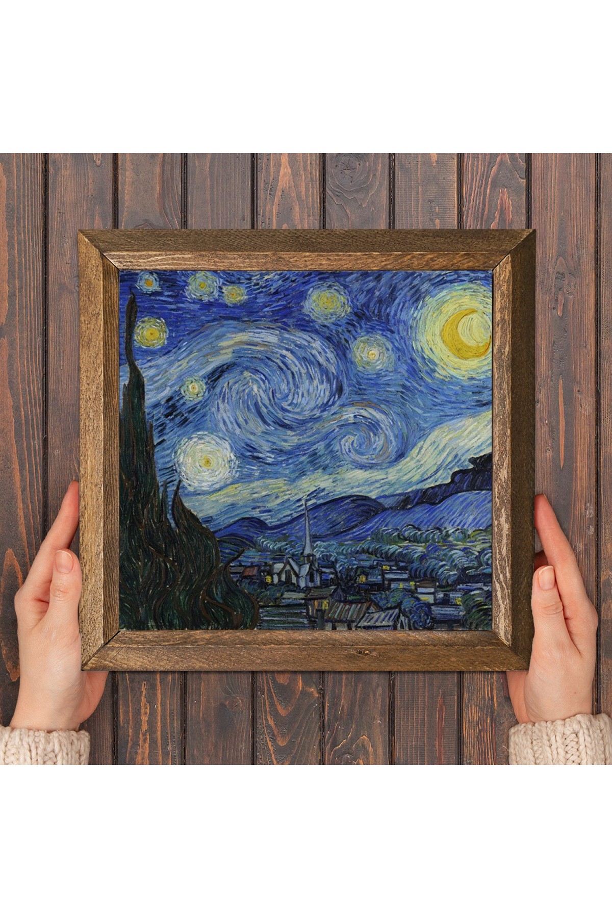 Vincent van Gogh Starry Night Stone Wall Painting Wood Framed Wall Decor Wall Art 25x25cm