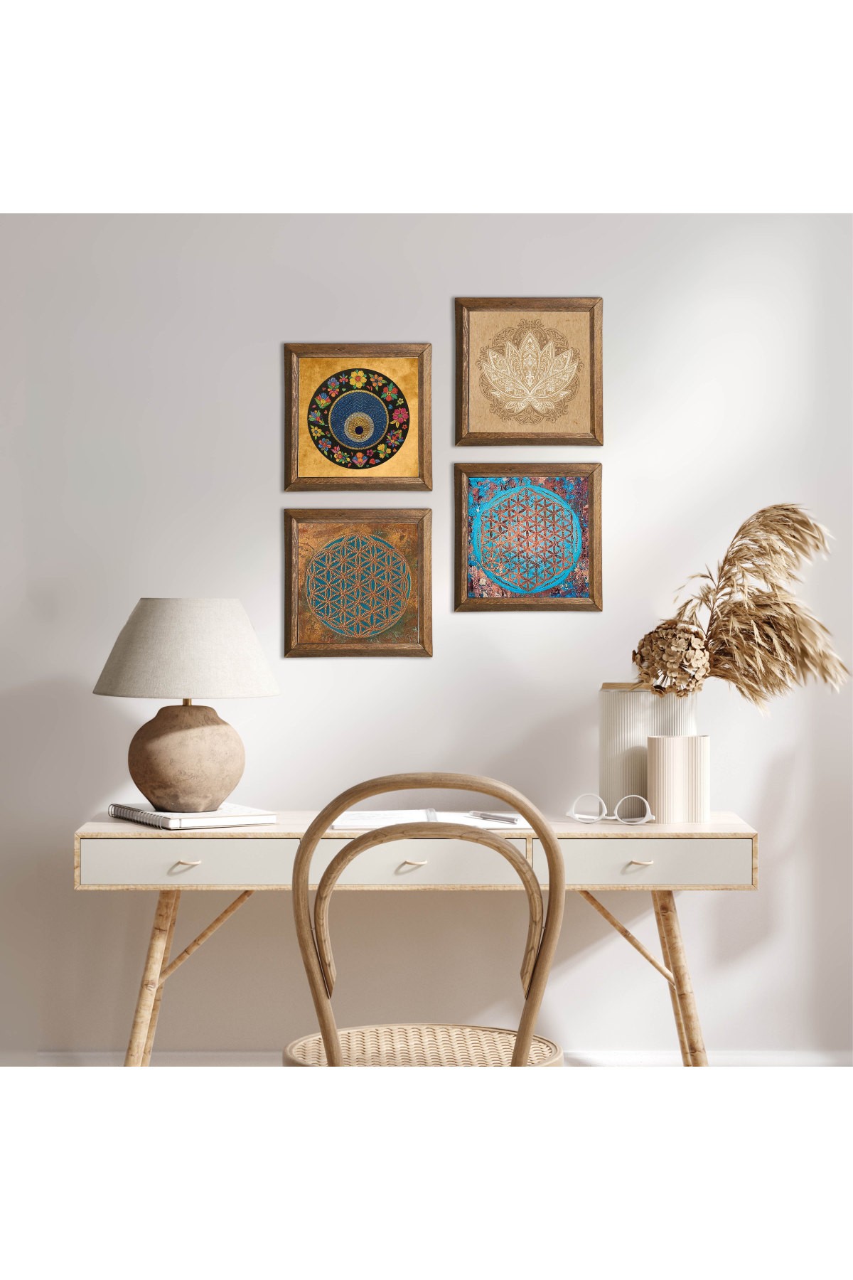 Yaşam Çiçeği, Lotus Çiçeği, Nazar Taş Duvar Tablosu Ahşap Çerçeveli Duvar Dekoru 4 Parça Tablo Seti Wall Art