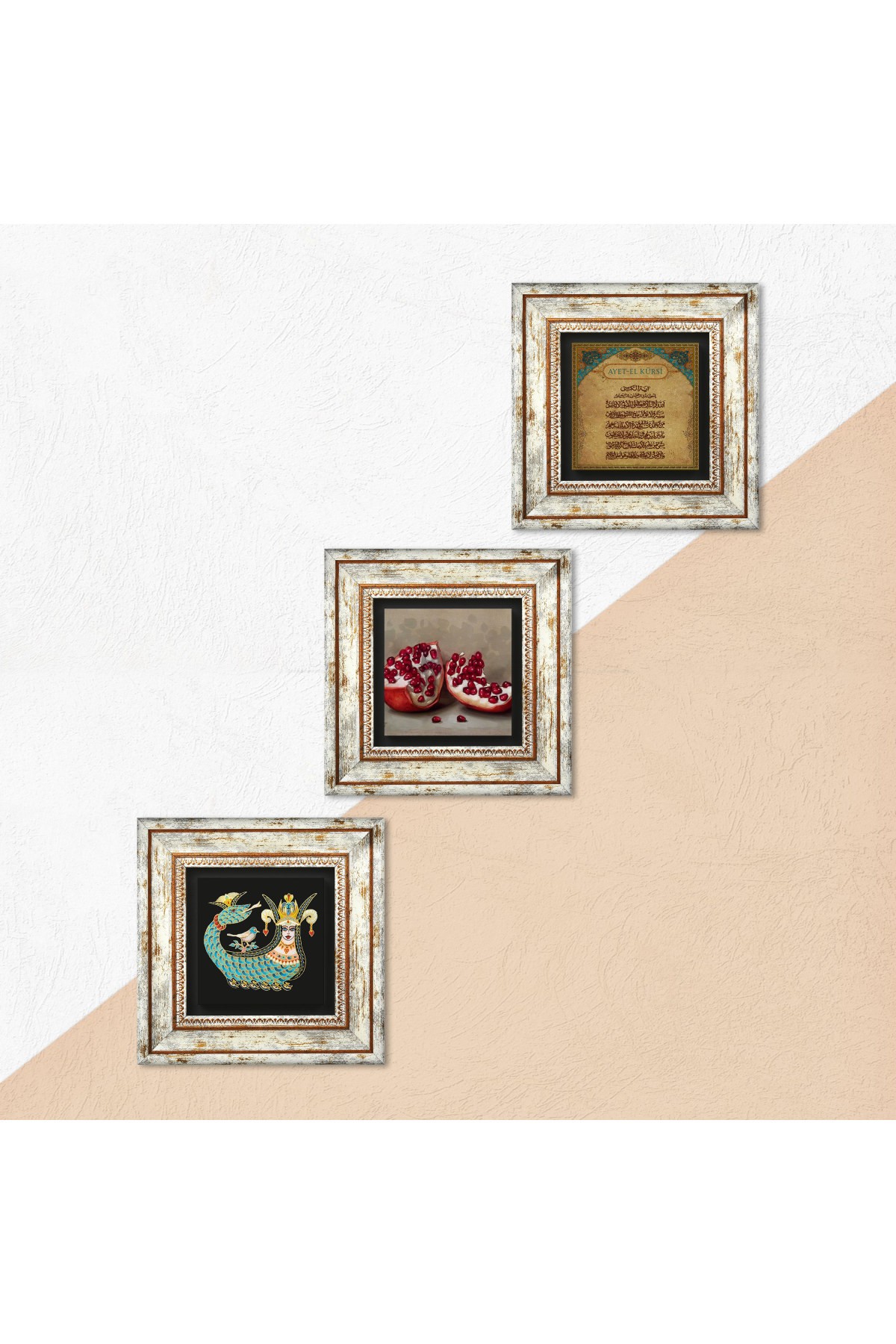 Ayet-el Kursi, Shahmaran, Pomegranate Stone Wall Painting Framed Wall Decoration 3 Piece Painting Set Wall Art