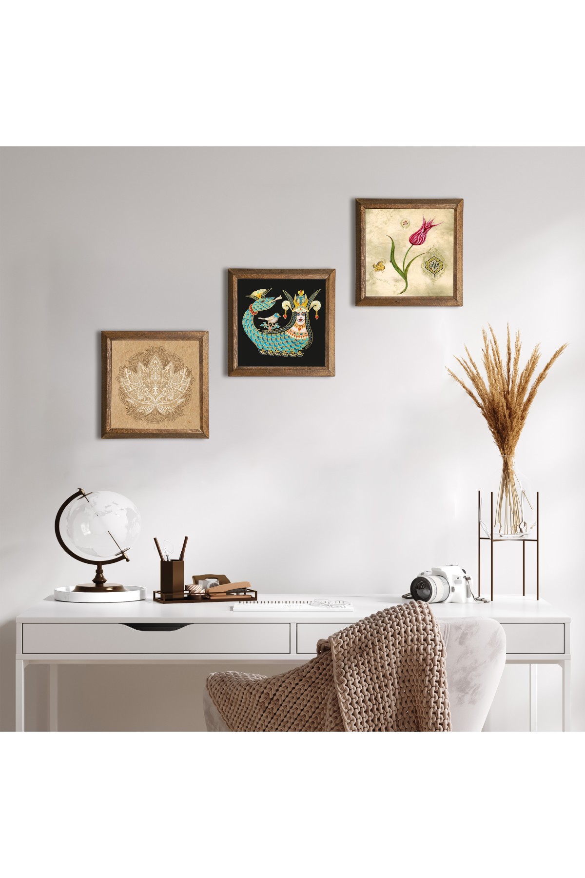 Lotus Çiçeği, Lale Ebru Sanatı, Şahmeran Taş Duvar Tablosu Ahşap Çerçeveli Duvar Dekoru 3 Parça Tablo Seti Wall Art