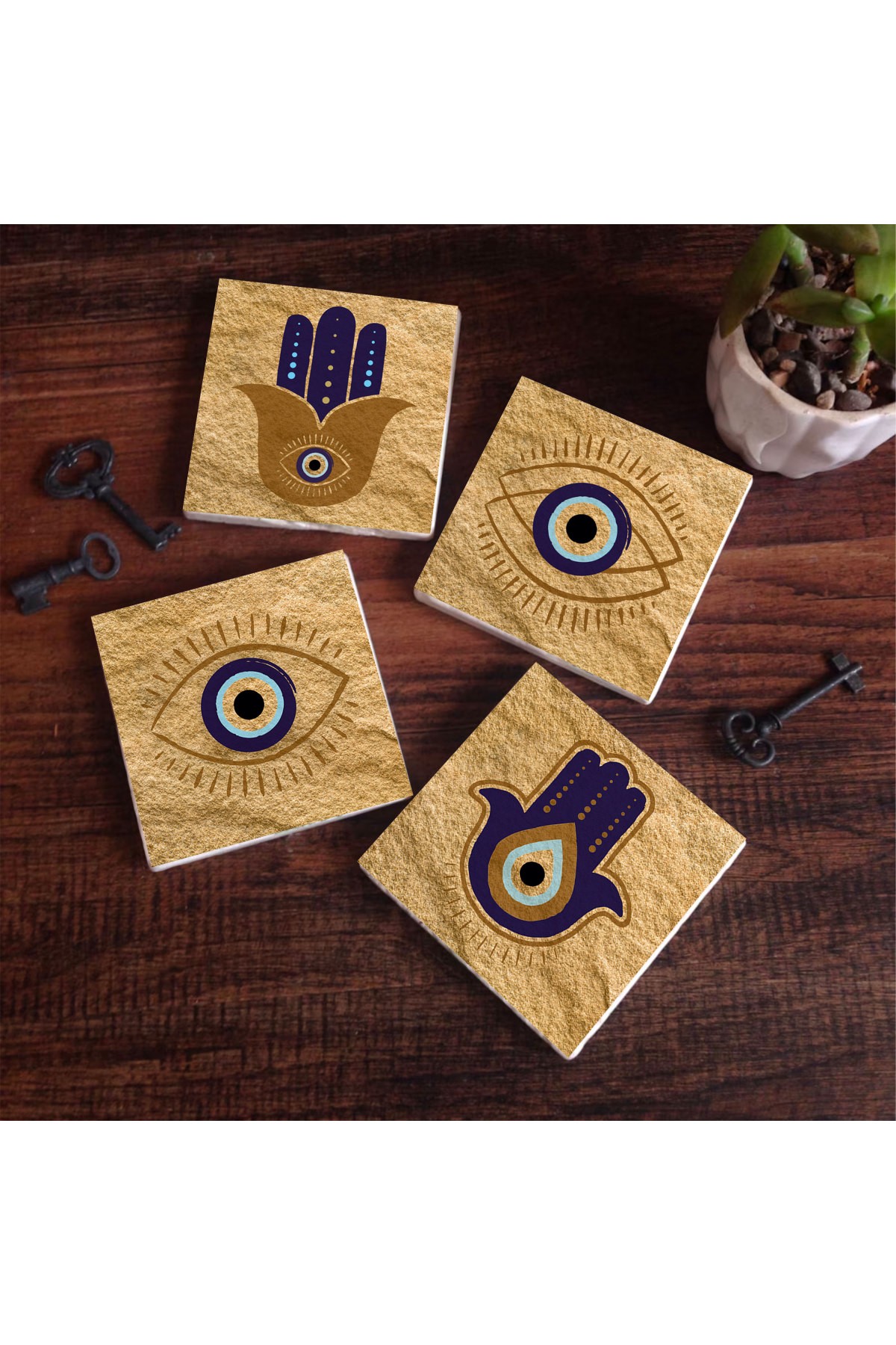 Fatma Ana Eli (Hamsa), Nazar Taş Bardak Altlığı Masaüstü Koruyucu Altlık 4 Parça Set 10x10cm Stone Coasters