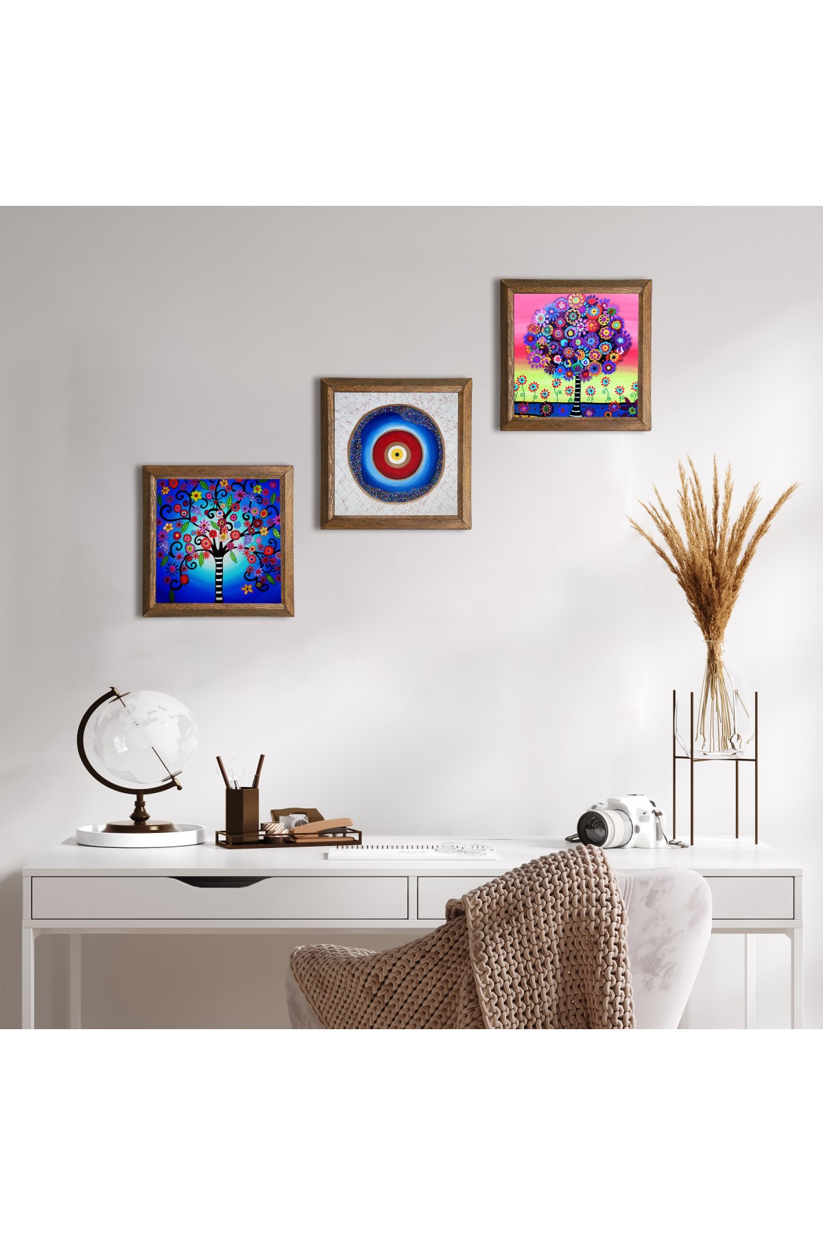 Evil Eye, Tree of Life Stone Wall Painting Wooden Framed Wall Decor 3 Piece Painting Set Wall Art