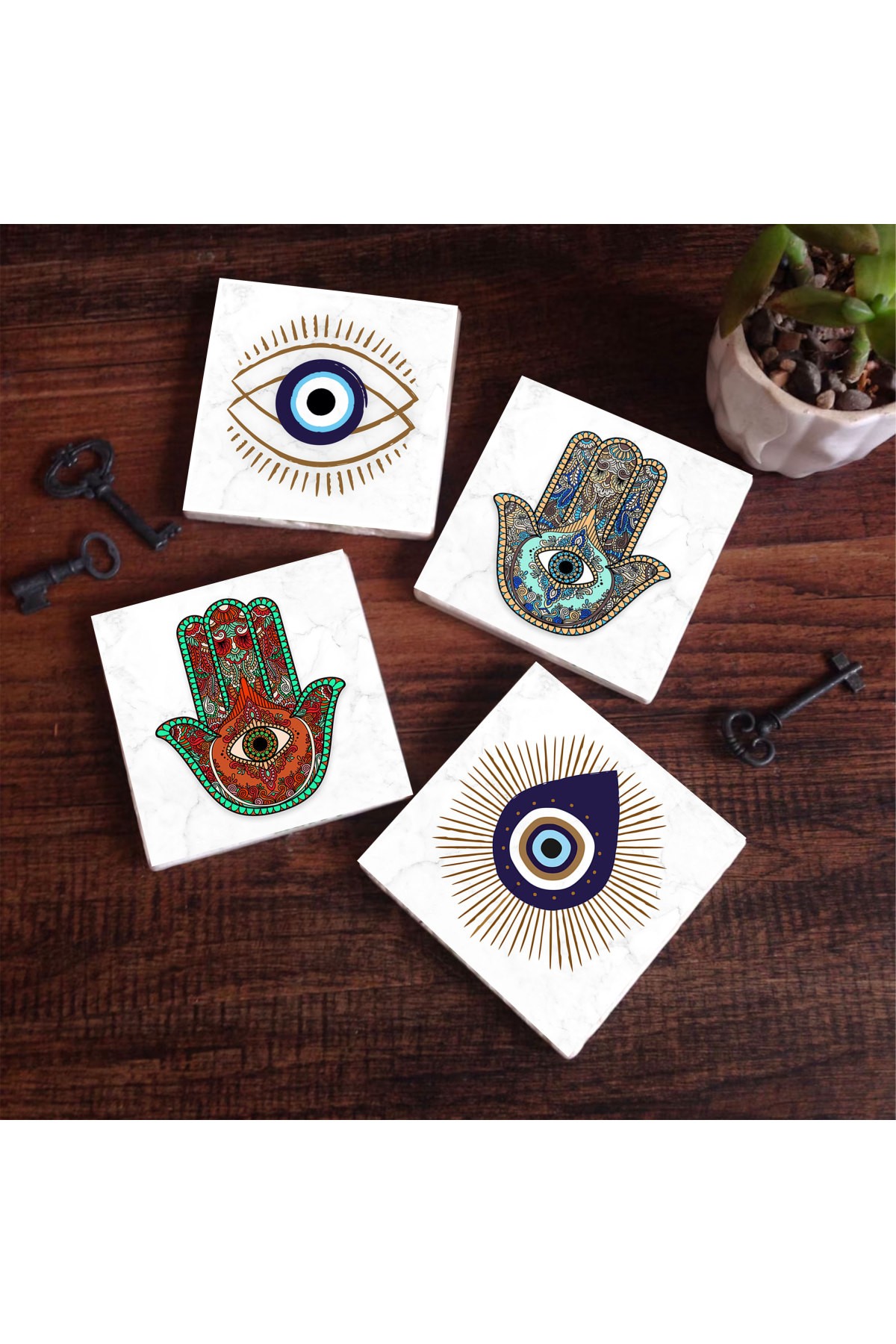 Evil Eye, Mother of Fatima Hand (Hamsa) Stone Coasters Desktop Protective Coasters 4 Piece Set 10x10cm Stone Coasters