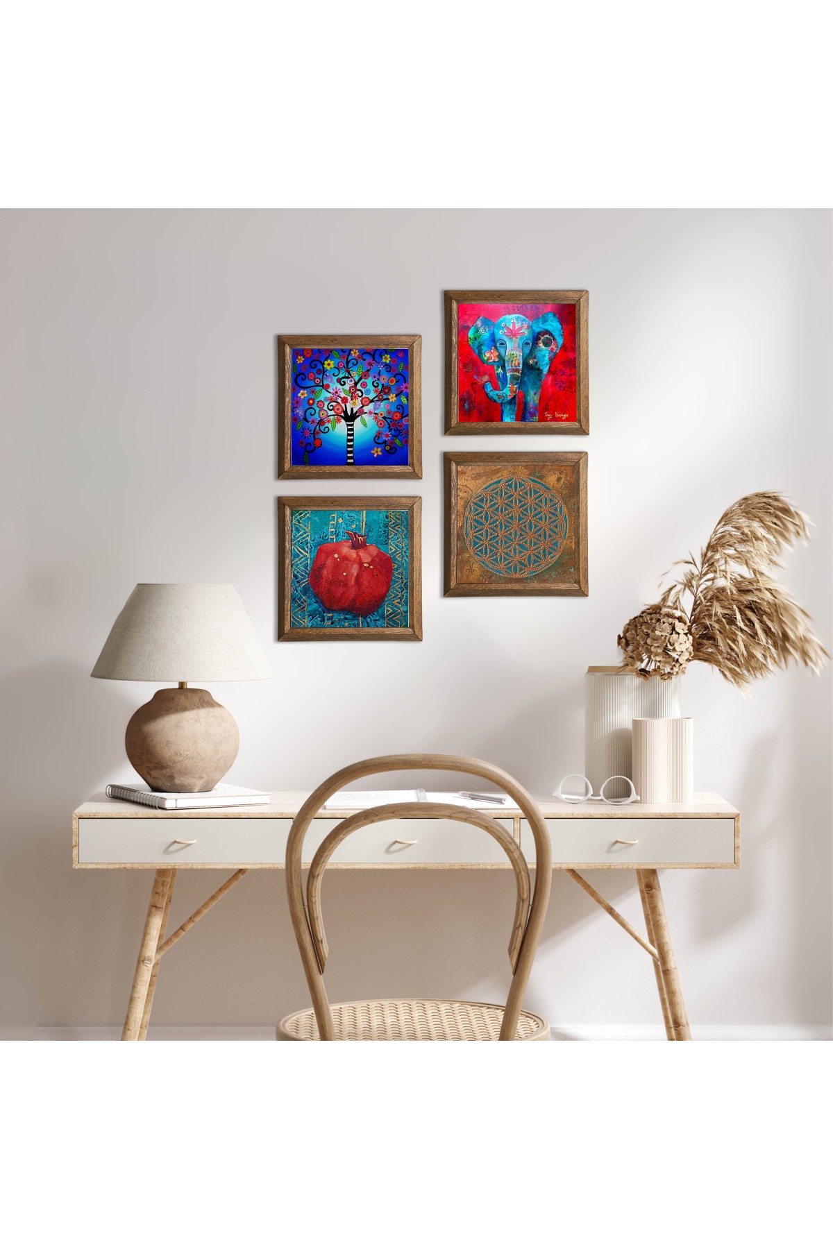 Flower of Life, Elephant, Tree of Life, Pomegranate Stone Wall Painting Wooden Framed Wall Decor 4 Piece Painting Set Wall Art