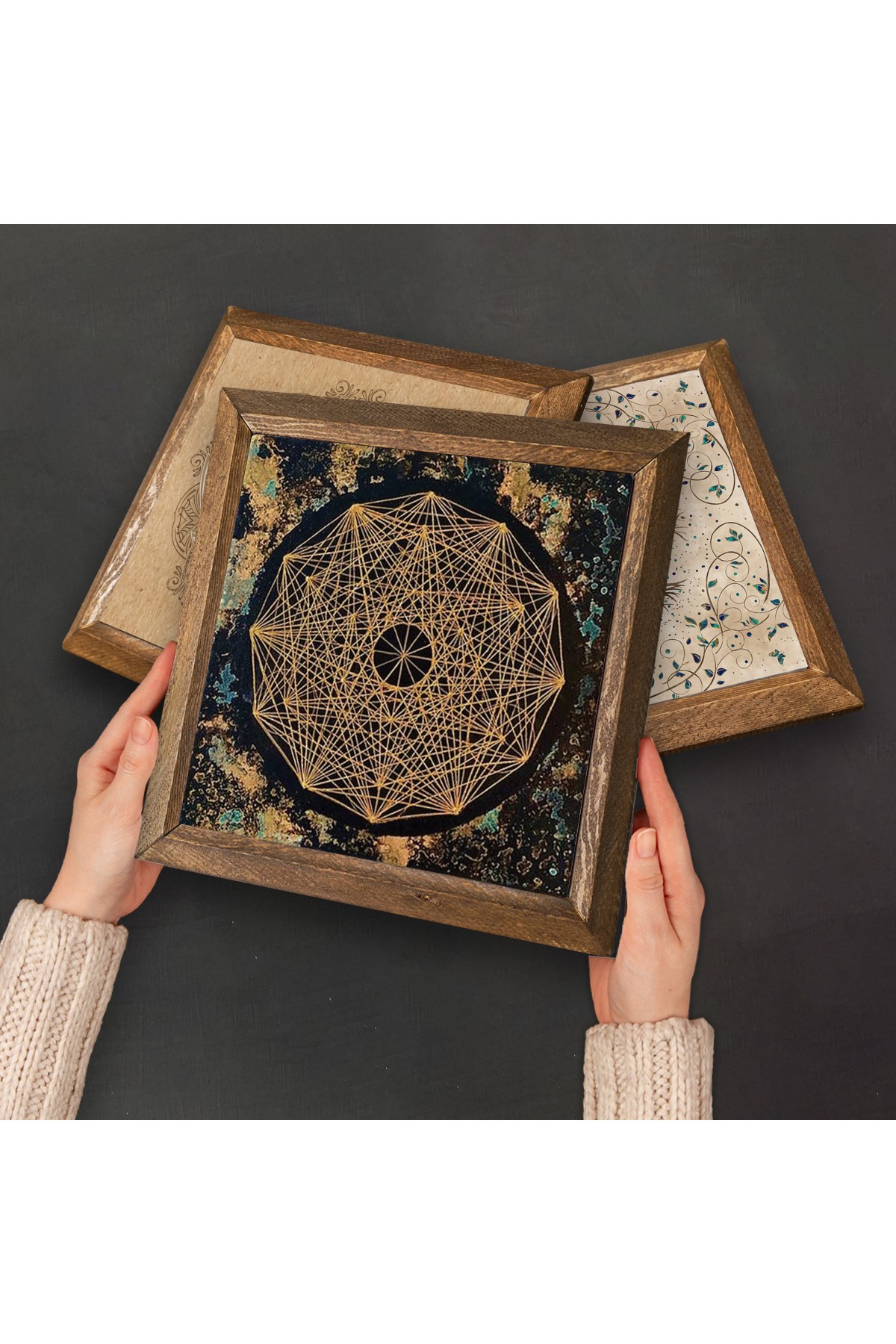 Sri Yantra, Lotus Çiçeği, Yaşam Çiçeği, Nazar Taş Duvar Tablosu Ahşap Çerçeveli Duvar Dekoru 6 Parça Tablo Seti Wall Art