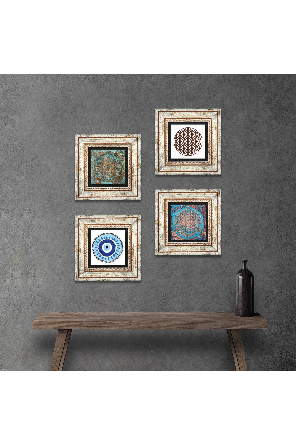 Evil Eye, Flower of Life Stone Wall Painting Framed Wall Decor 4 Piece Painting Set Wall Art