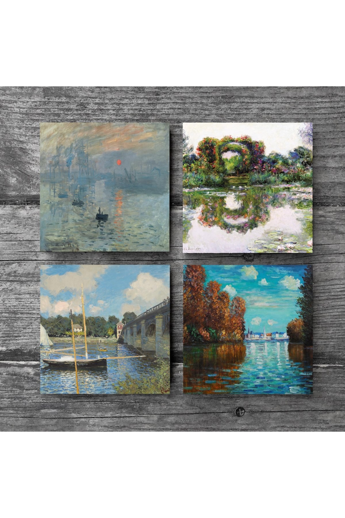 Claude Monet Sonbahar, Gül Çiçekli Kemer, Argenteuil'de Köprü, İzlenim Gün Doğumu Taş Bardak Altlığı Masaüstü Koruyucu Altlık 4 Parça Set 10x10cm Stone Coasters