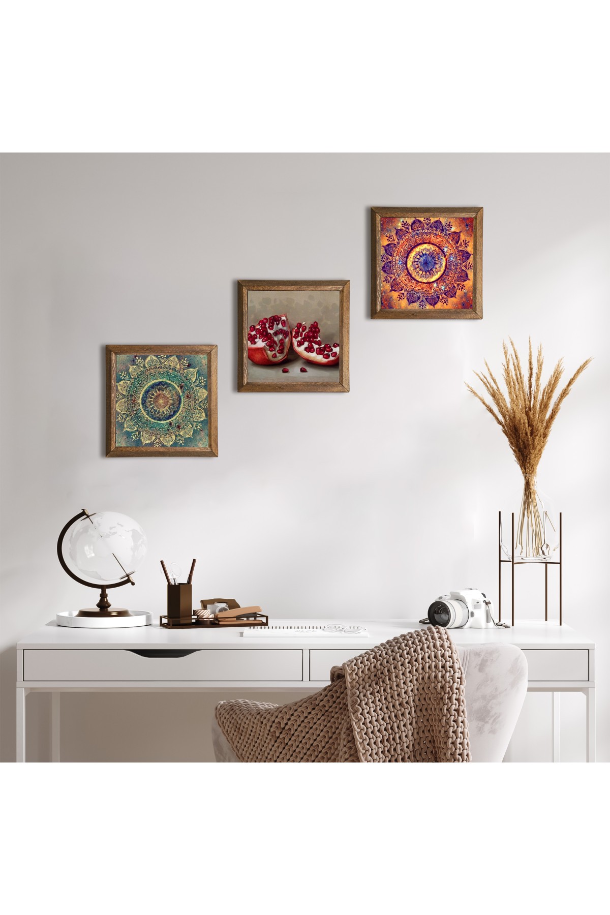 Mandala, Nar Taş Duvar Tablosu Ahşap Çerçeveli Duvar Dekoru 3 Parça Tablo Seti Wall Art