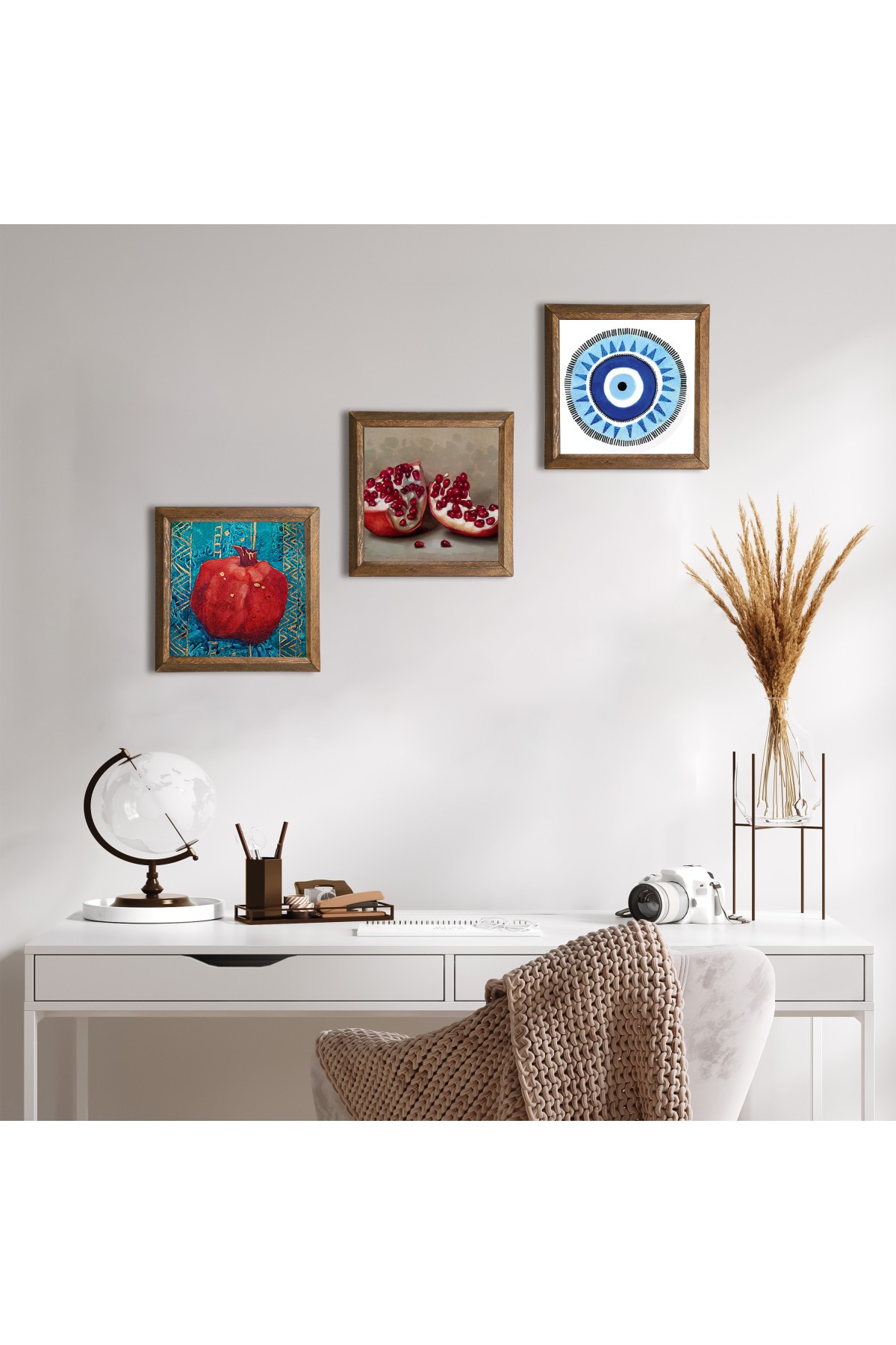 Evil Eye, Pomegranate Stone Wall Painting Wooden Framed Wall Decor 3 Piece Painting Set Wall Art