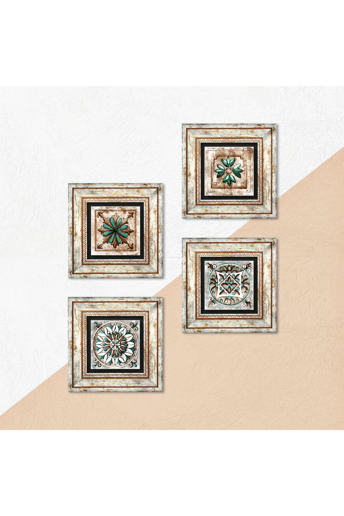 Moroccan Patterned Vintage, Tile Art Stone Wall Painting Framed Wall Decor 4 Piece Painting Set Wall Art