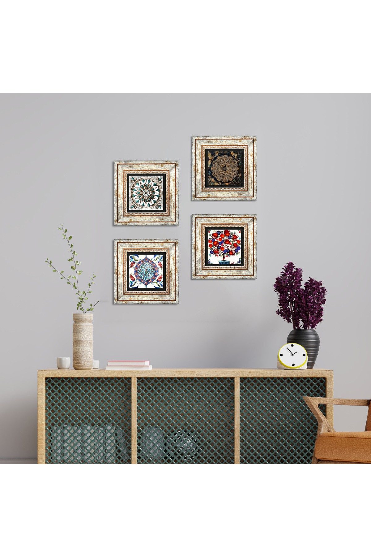 Sri Yantra, Çini Sanatı, Nar Ağacı Taş Duvar Tablosu Çerçeveli Duvar Dekoru 4 Parça Tablo Seti Wall Art