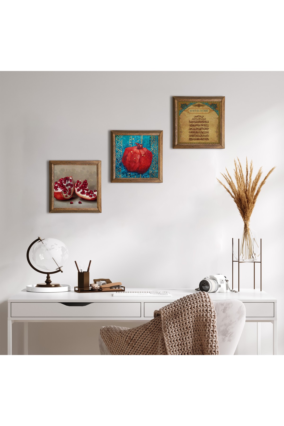 Ayet-el Kursi, Pomegranate Stone Wall Painting Wooden Framed Wall Decor 3 Piece Painting Set Wall Art