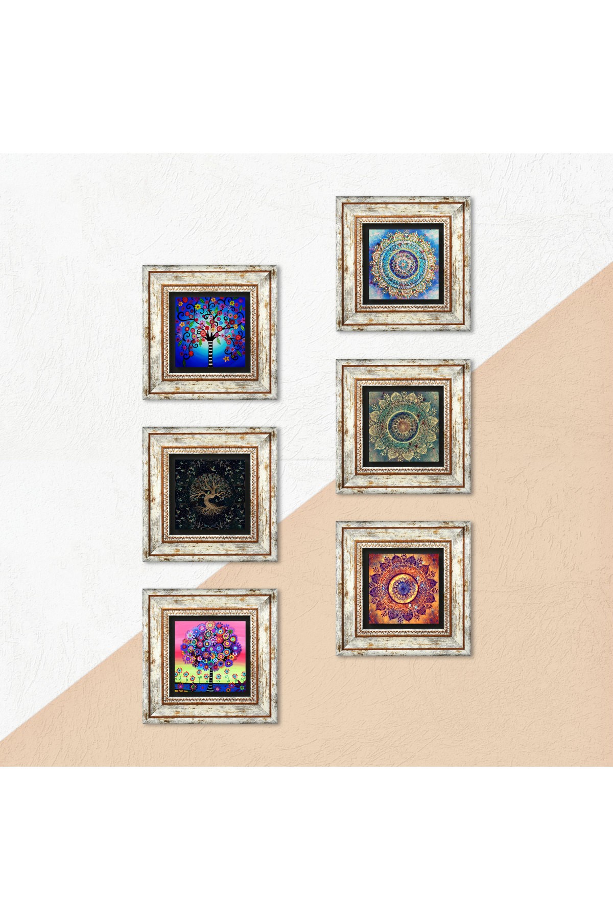 Mandala, Tree of Life Stone Wall Painting Framed Wall Decor 6 Piece Painting Set Wall Art