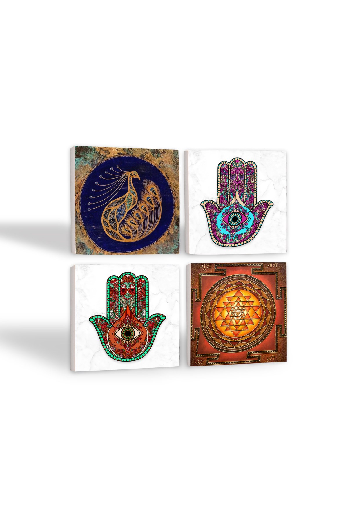 Peacock, Sri Yantra, Hand of Fatma (Hamsa) Stone Coasters Desktop Protective Coasters 4 Piece Set 10x10cm Stone Coasters