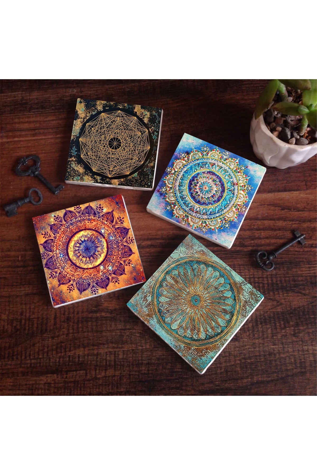 Mandala, Sri Yantra, Flower of Life Stone Coasters Desktop Protective Coasters 4 Piece Set 10x10cm Stone Coasters