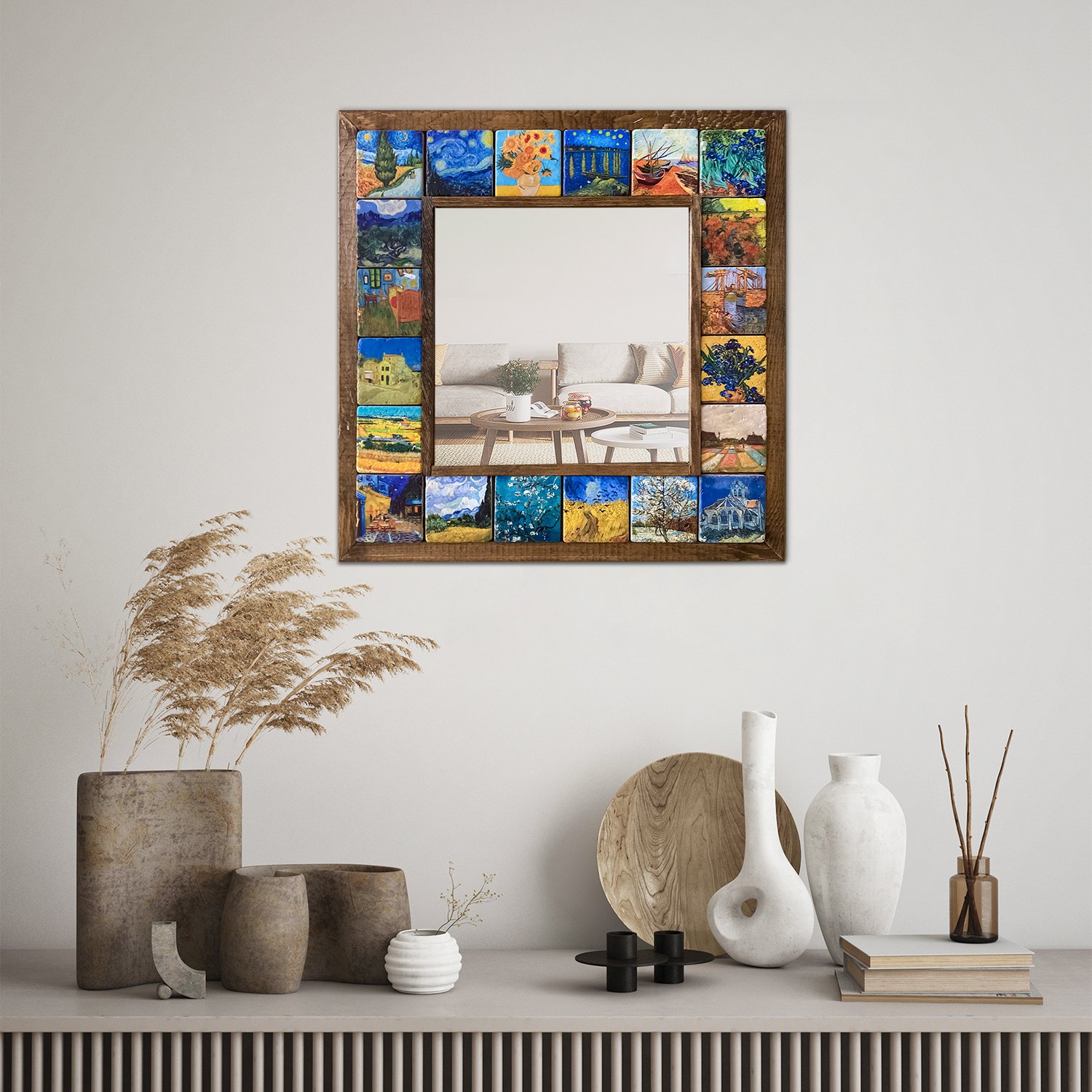 Van Gogh Stone Wall Mirror, Wooden Framed Decorative Mirror, Living Room Console Full-length Mirror, Wall Mirror