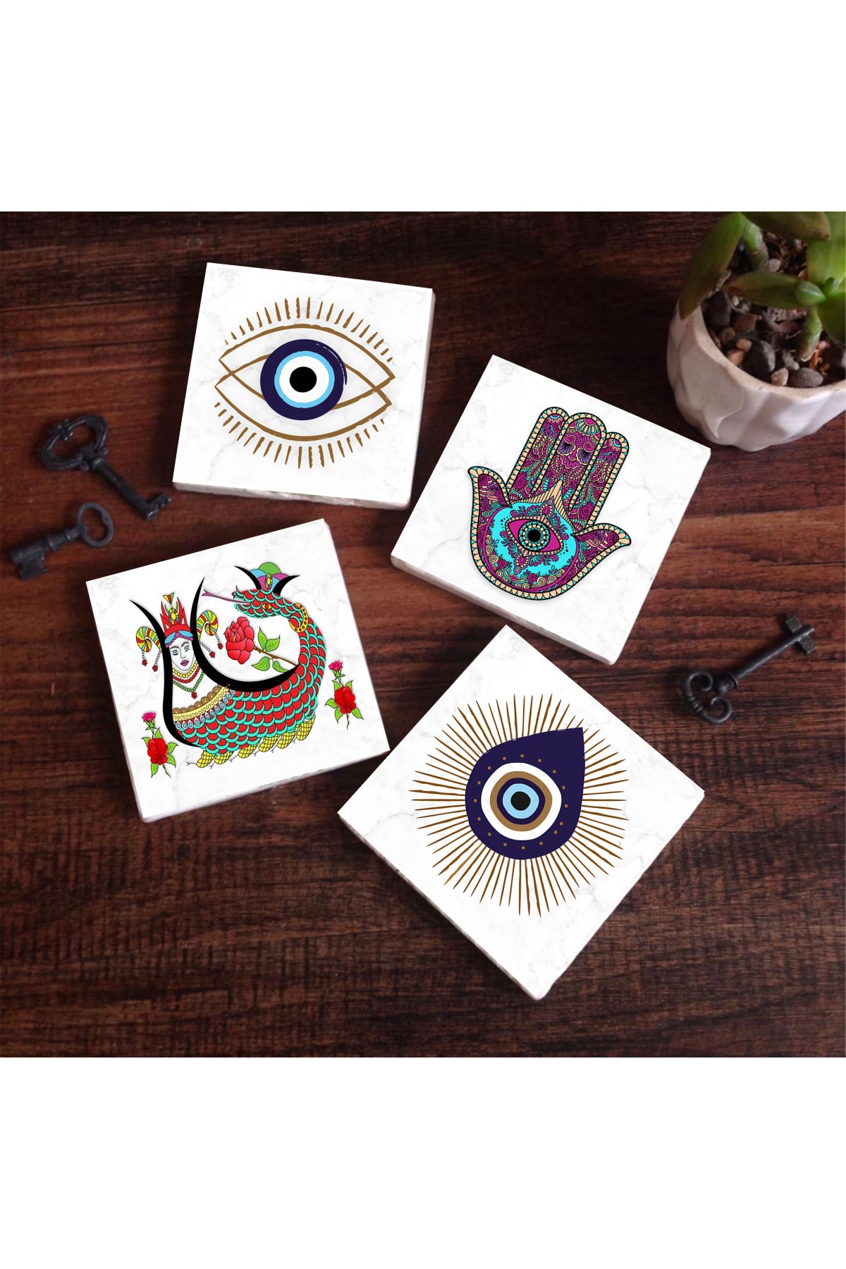 Evil Eye, Mother of Fatma Hand (Hamsa), Shahmeran Stone Coaster Desktop Protective Coaster 4 Piece Set 10x10cm Stone Coasters