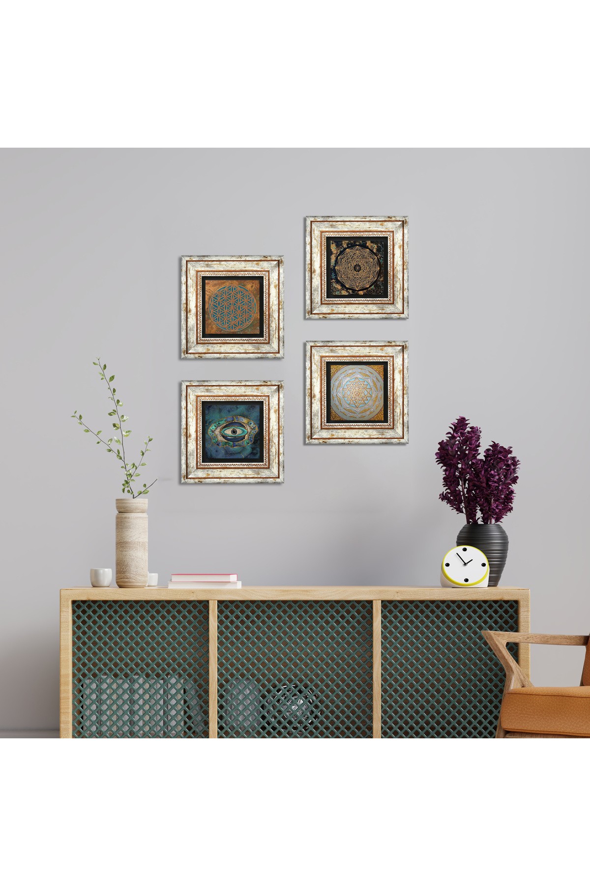 Yaşam Çiçeği, Nazar, Sri Yantra Taş Duvar Tablosu Çerçeveli Duvar Dekoru 4 Parça Tablo Seti Wall Art