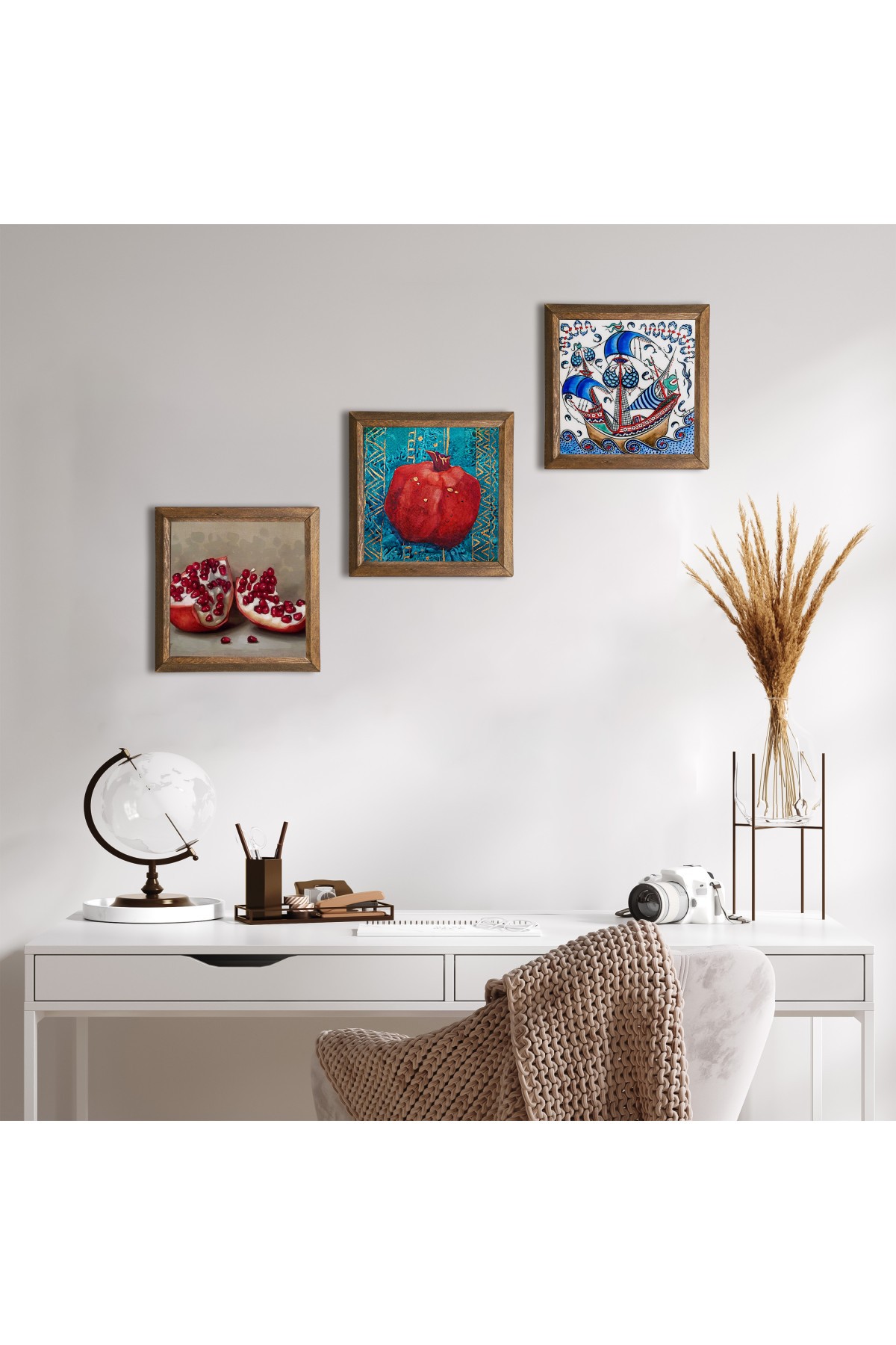 Çini Sanatı Yelkenli Gemi, Nar Taş Duvar Tablosu Ahşap Çerçeveli Duvar Dekoru 3 Parça Tablo Seti Wall Art