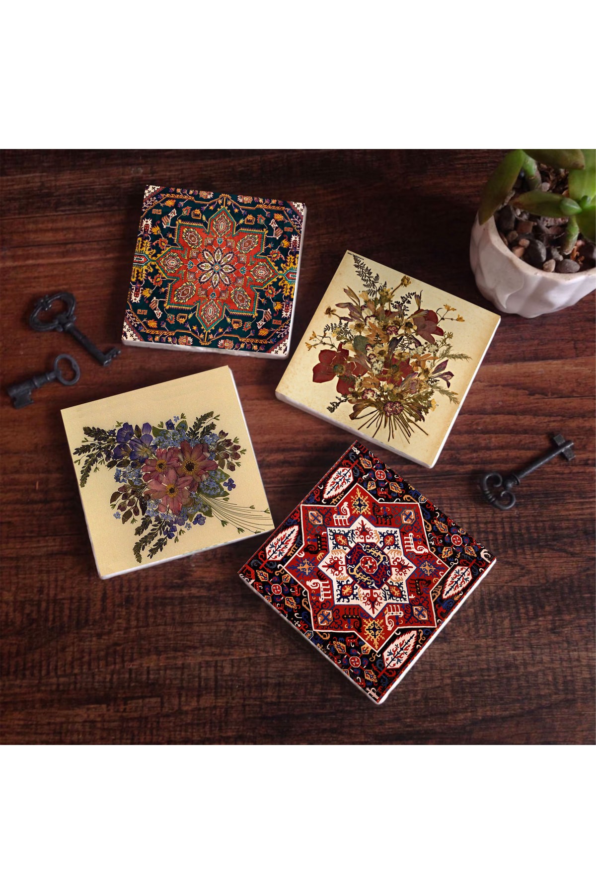 Vintage Çiçek, Desen Taş Bardak Altlığı Masaüstü Koruyucu Altlık 4 Parça Set 10x10cm Stone Coasters