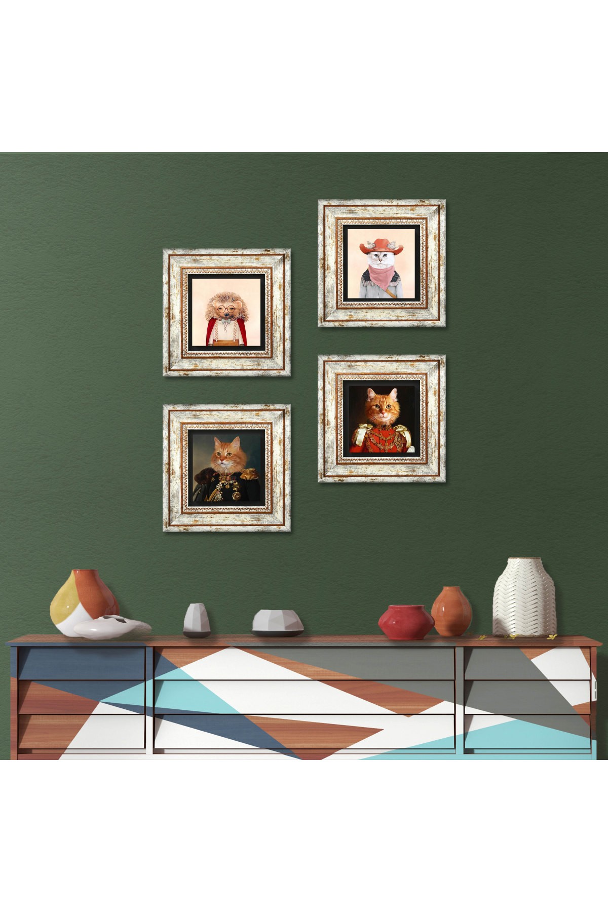 His Highness with His Paw, Hedgehog, Cat Stone Wall Painting Framed Wall Decor 4 Piece Painting Set Wall Art