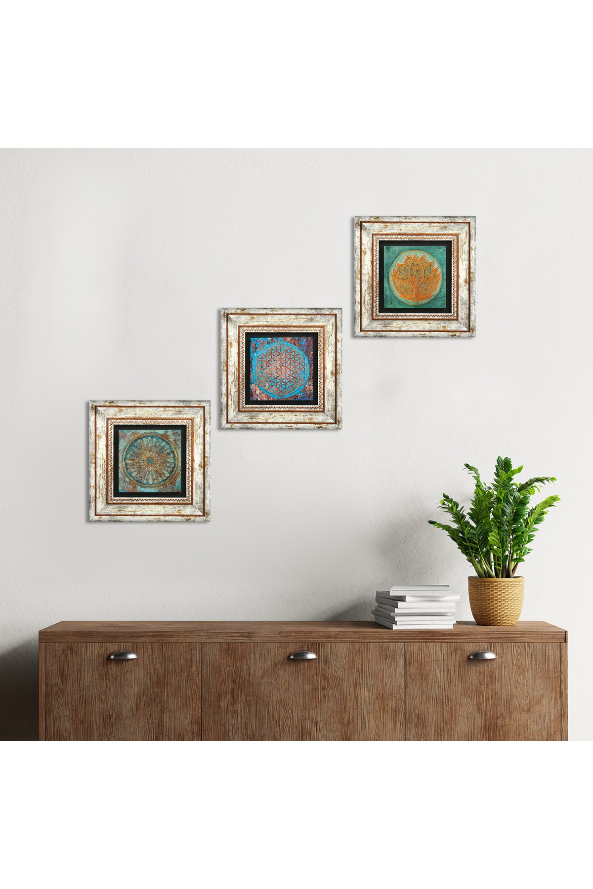 Lotus Çiçeği, Yaşam Çiçeği Taş Duvar Tablosu Çerçeveli Duvar Dekoru 3 Parça Tablo Seti Wall Art