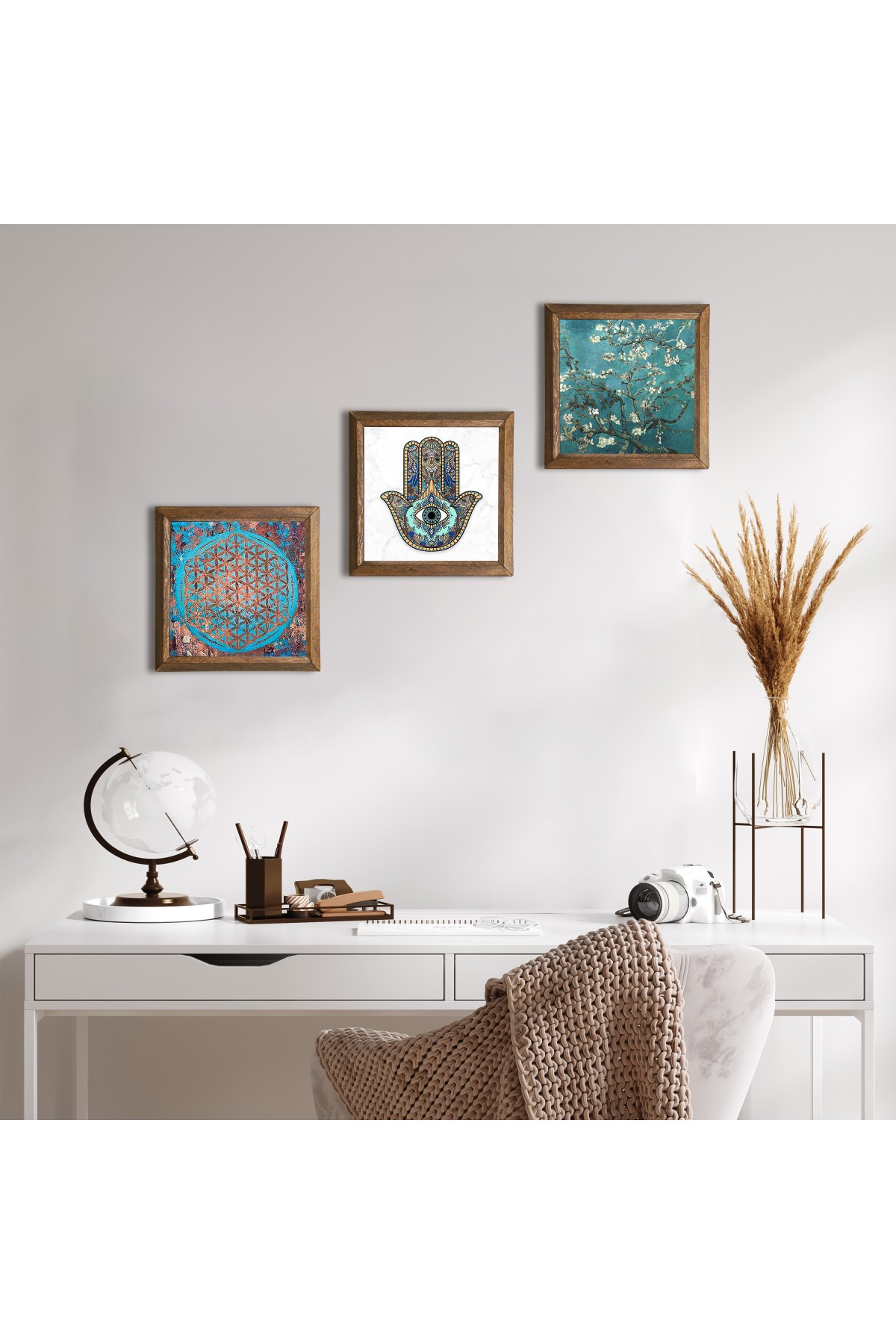 Flower of Life, Van Gogh Almond Tree, Hand of Mother Fatima (Hamsa) Stone Wall Painting Wooden Framed Wall Decor 3 Piece Painting Set Wall Art