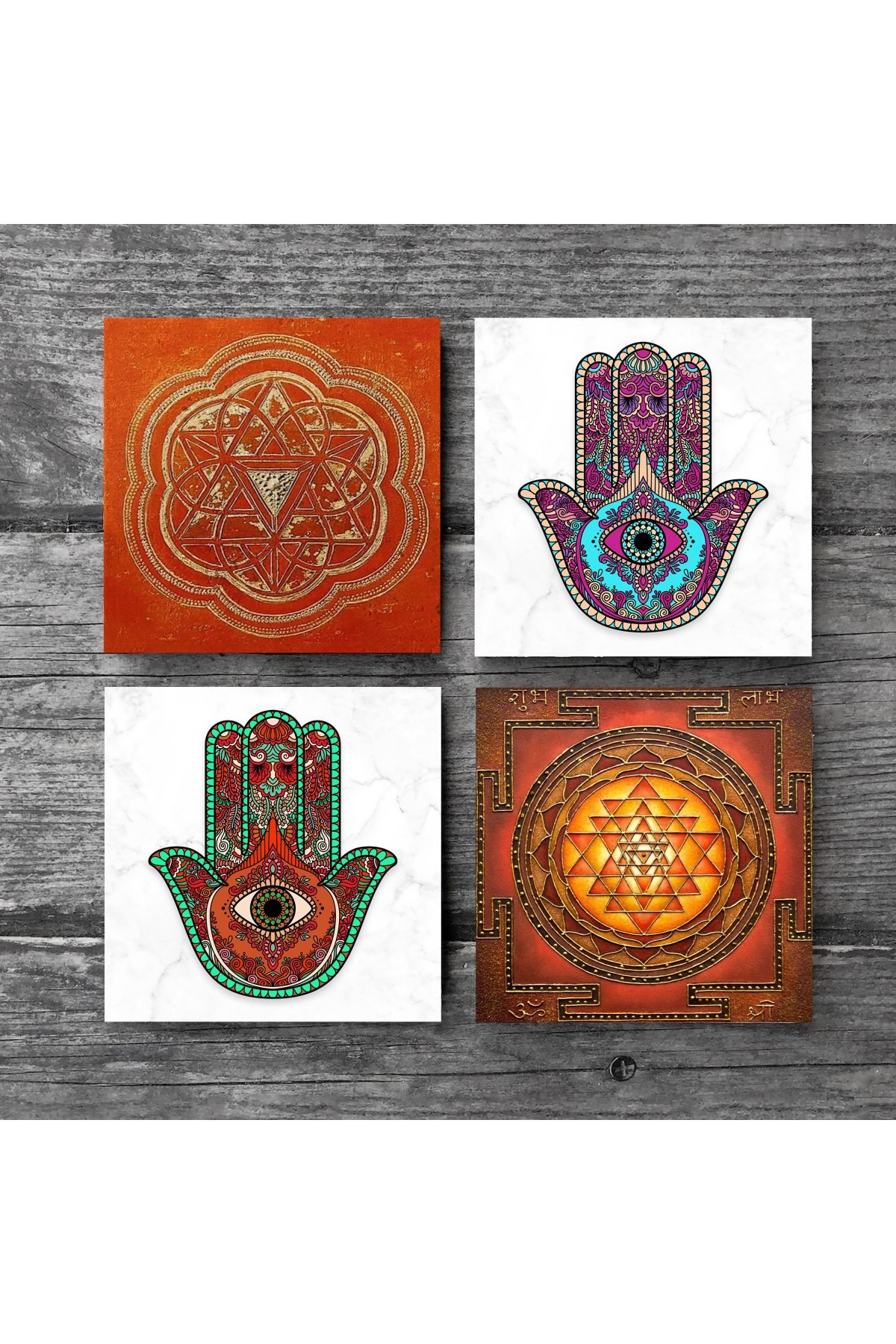 Sri Yantra, Mother of Fatima Hand (Hamsa) Stone Coasters Desktop Protective Coasters 4 Piece Set 10x10cm Stone Coasters