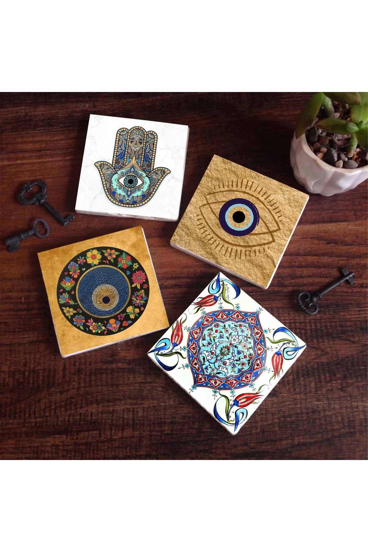 Nazar, Çini Sanatı, Fatma Ana Eli (Hamsa) Taş Bardak Altlığı Masaüstü Koruyucu Altlık 4 Parça Set 10x10cm Stone Coasters