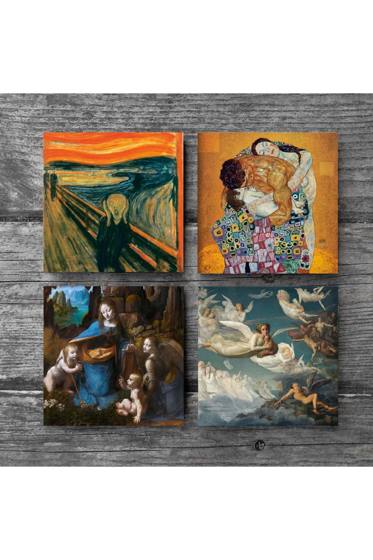 Da Vinci Kayalıklar Bakiresi, Çığlık, Klimt Aile Kucaklama, Ruhların Geçişi Taş Bardak Altlığı Masaüstü Koruyucu Altlık 4 Parça Set 10x10cm Stone Coasters