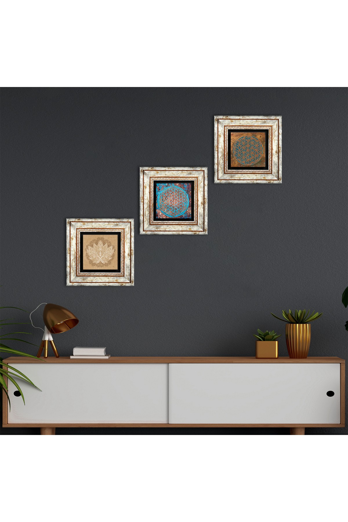 Yaşam Çiçeği, Lotus Çiçeği Taş Duvar Tablosu Çerçeveli Duvar Dekoru 3 Parça Tablo Seti Wall Art