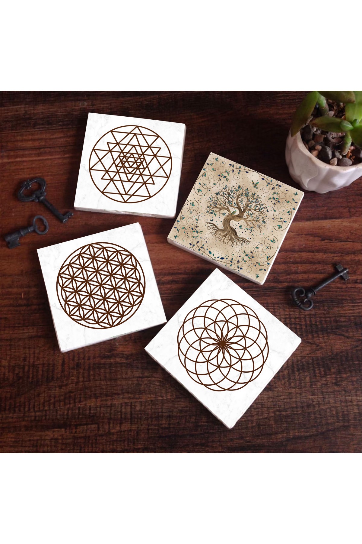 Yaşam Çiçeği, Sri Yantra, Hayat Ağacı Taş Bardak Altlığı Masaüstü Koruyucu Altlık 4 Parça Set 10x10cm Stone Coasters