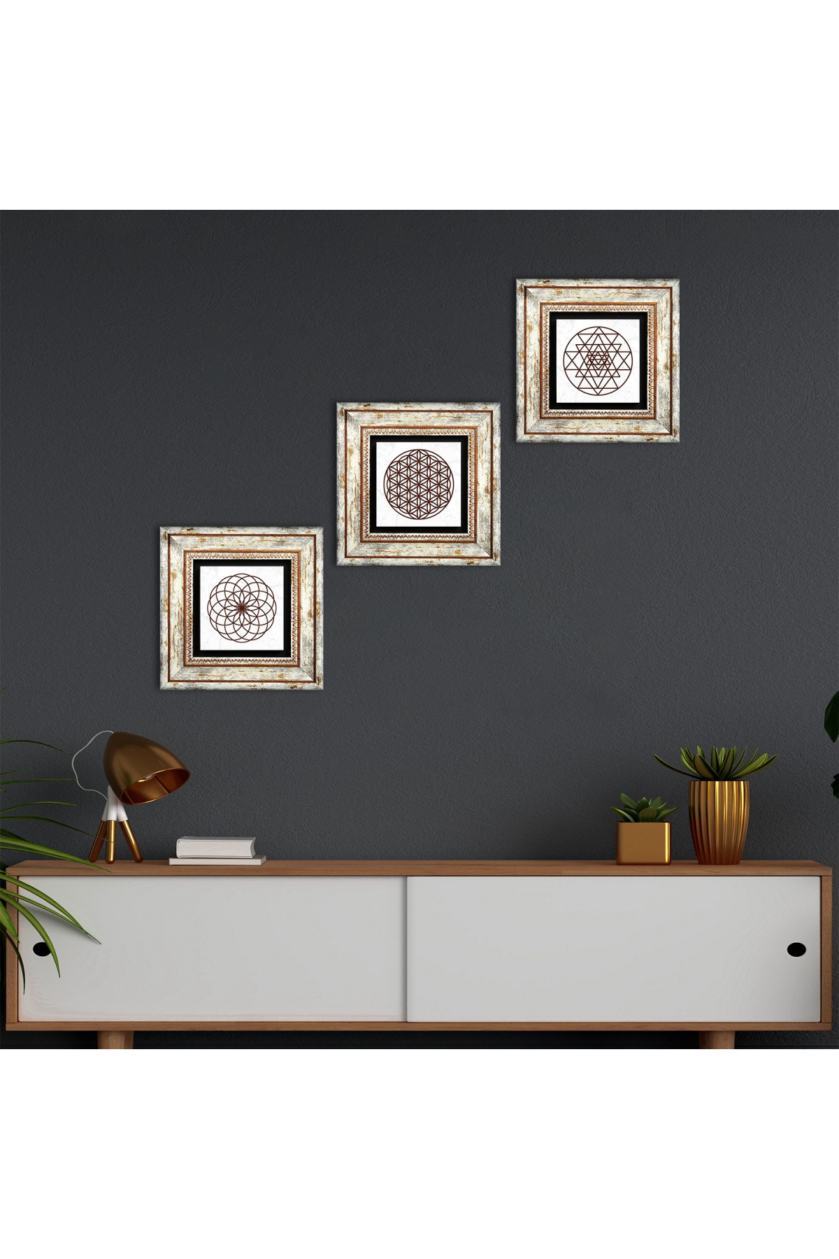 Yaşam Çiçeği, Sri Yantra Taş Duvar Tablosu Çerçeveli Duvar Dekoru 3 Parça Tablo Seti Wall Art