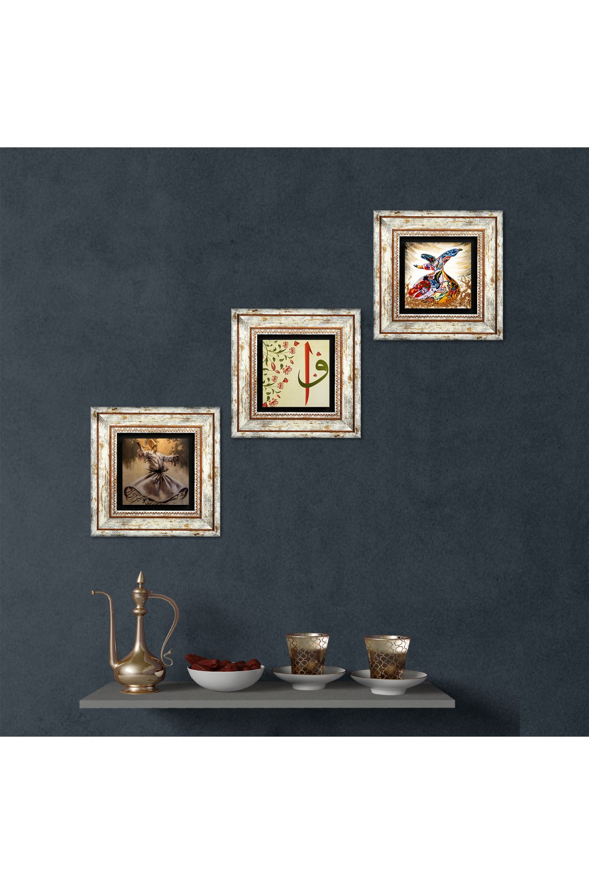 Elif-Vav, Whirling Dervish Stone Wall Painting Framed Wall Decor 3 Piece Painting Set Wall Art