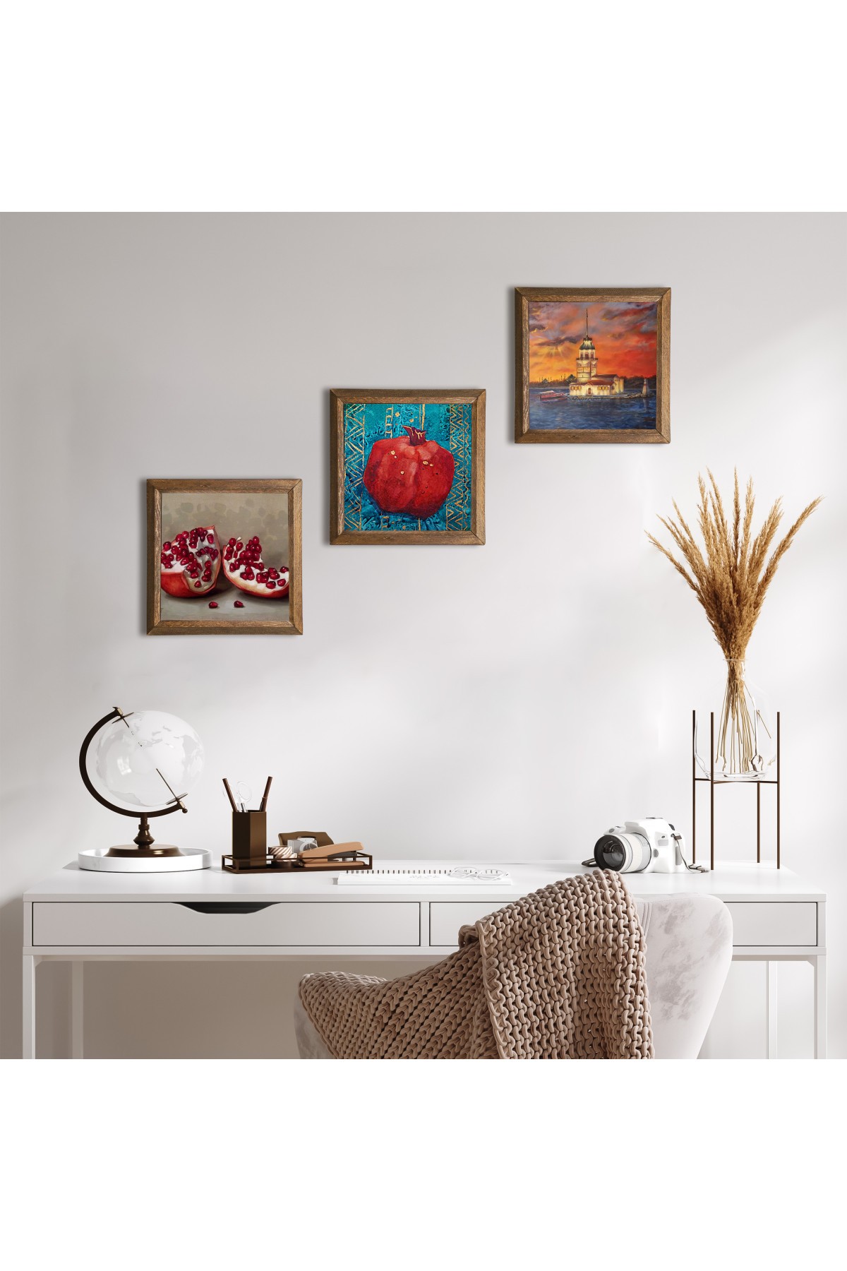 Istanbul Maiden's Tower, Pomegranate Stone Wall Painting Wooden Framed Wall Decor 3 Piece Painting Set Wall Art