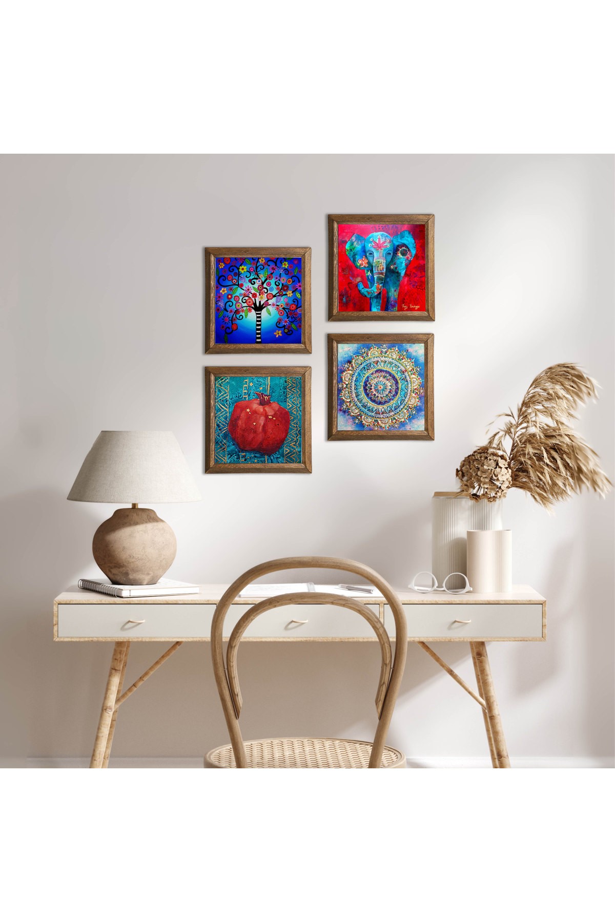 Mandala, Fil, Hayat Ağacı, Nar Taş Duvar Tablosu Ahşap Çerçeveli Duvar Dekoru 4 Parça Tablo Seti Wall Art