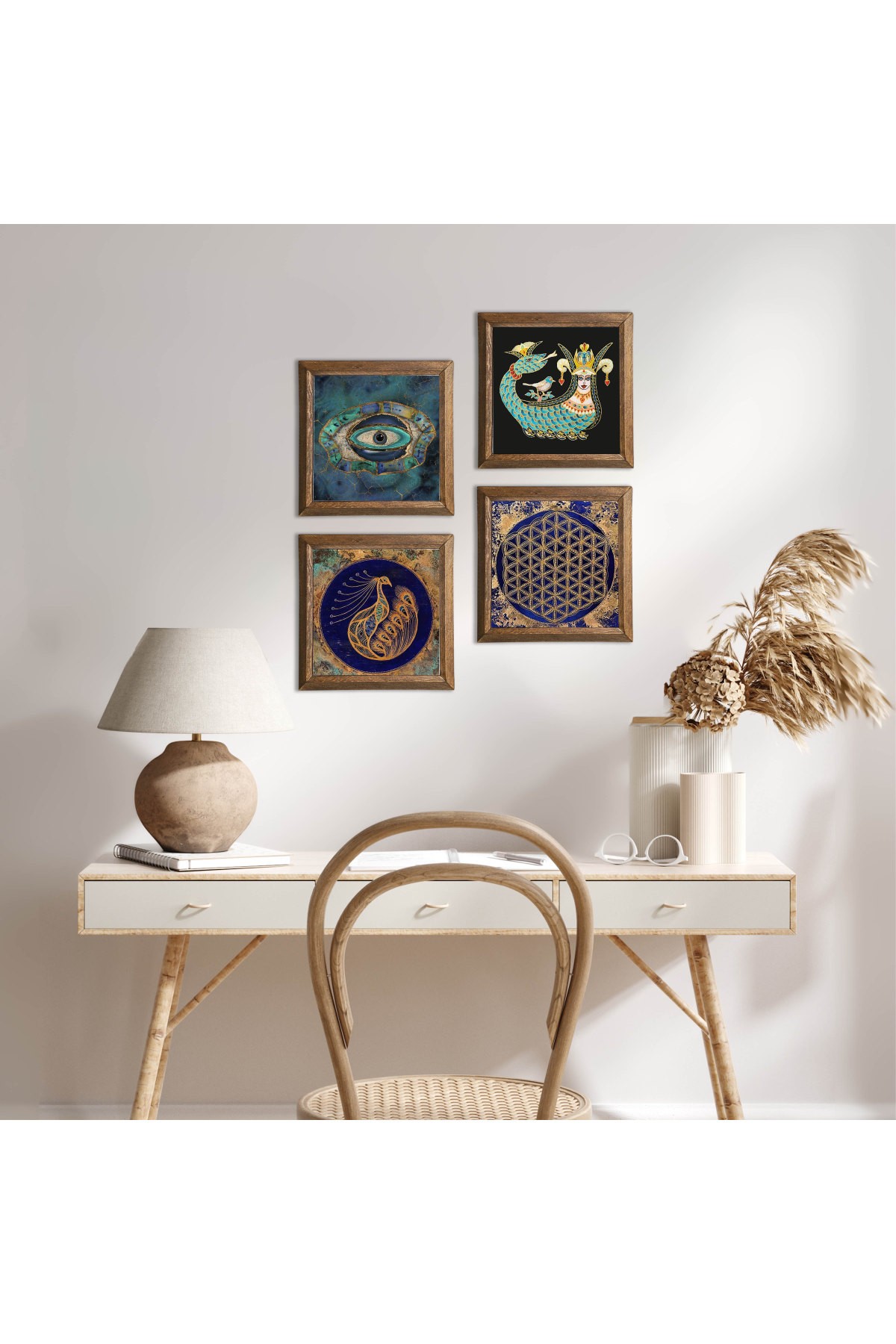 Evil Eye, Peacock, Flower of Life, Shahmaran Stone Wall Painting Wooden Framed Wall Decor 4 Piece Painting Set Wall Art