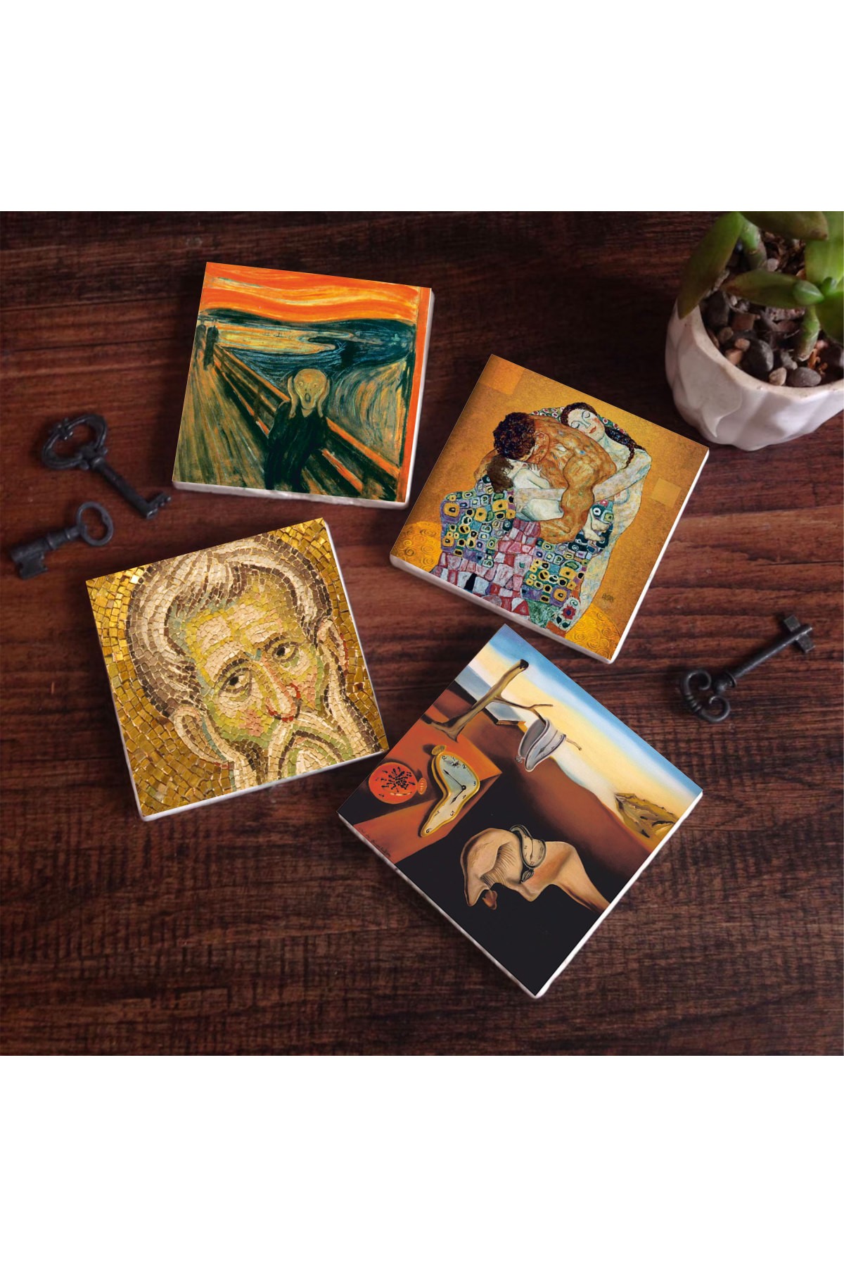 Salvador Dalí The Persistence of Memory, The Scream, Mosaic Series, Gustav Klimt Family Embrace Stone Coasters Desktop Protective Coasters 4 Piece Set 10x10cm Stone Coasters