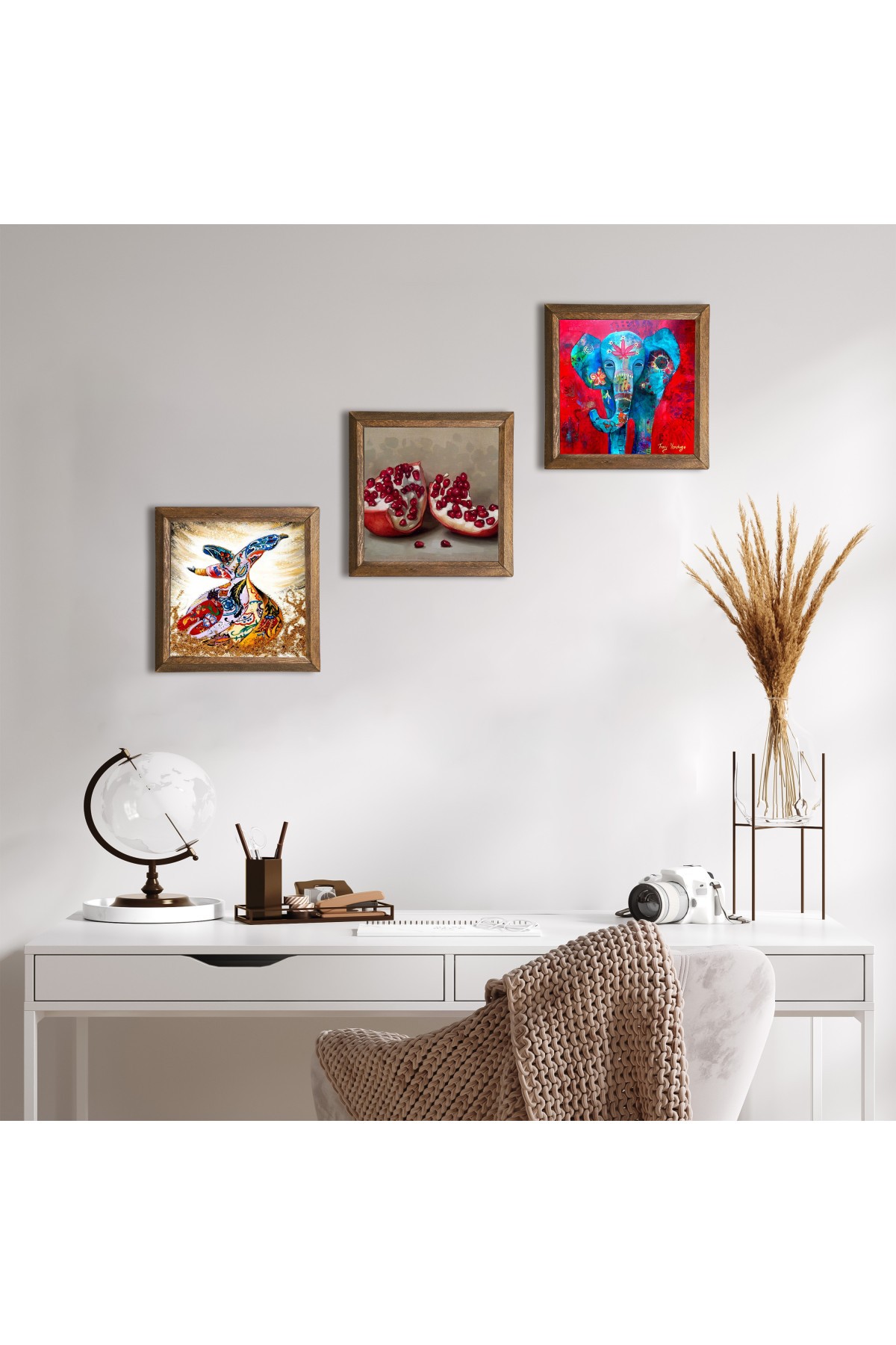 Elephant, Whirling Dervish, Pomegranate Stone Wall Painting Wooden Framed Wall Decor 3 Piece Painting Set Wall Art