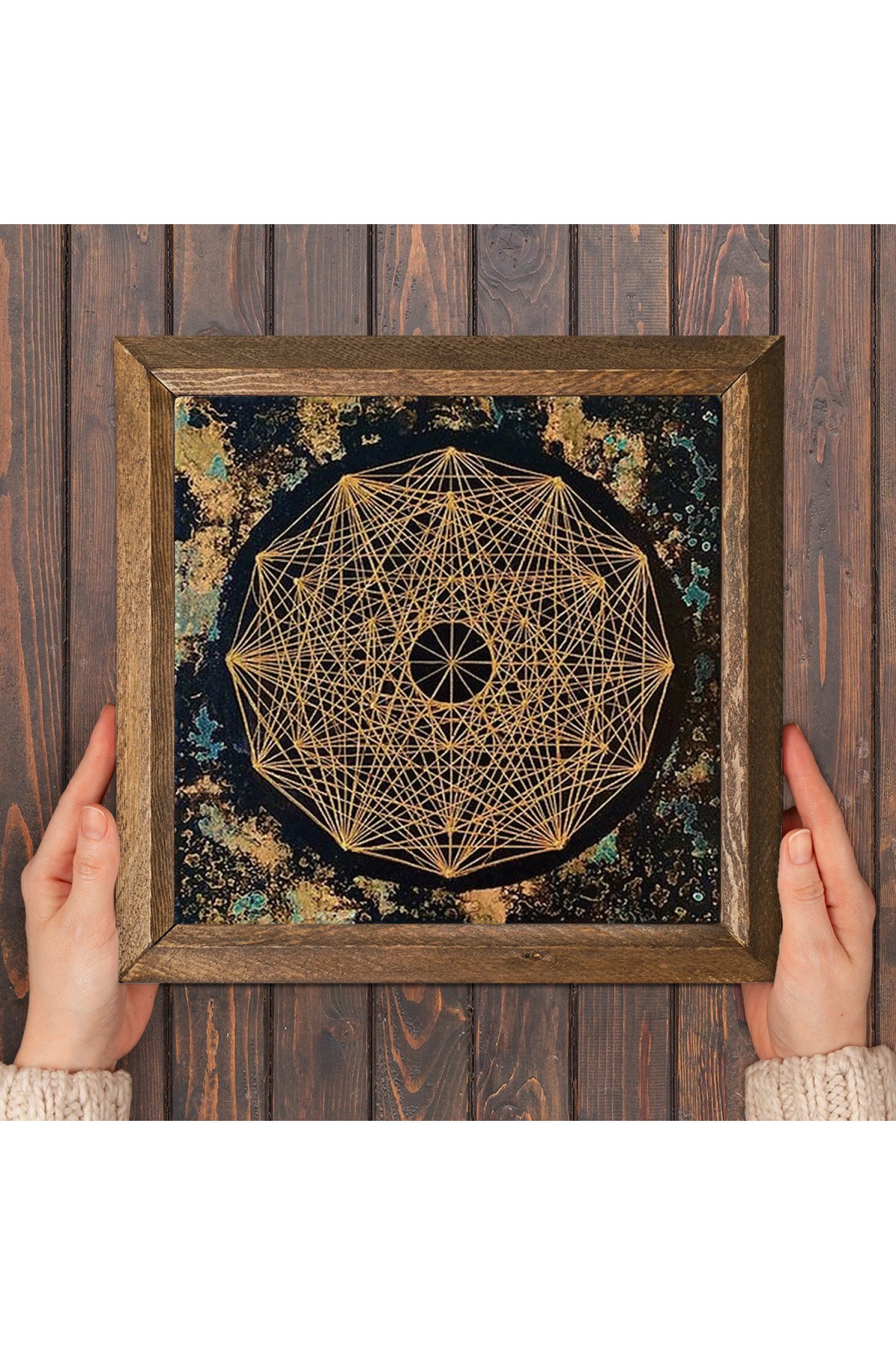 Sri Yantra Taş Duvar Tablosu Ahşap Çerçeveli Duvar Dekoru Wall Art 25x25cm