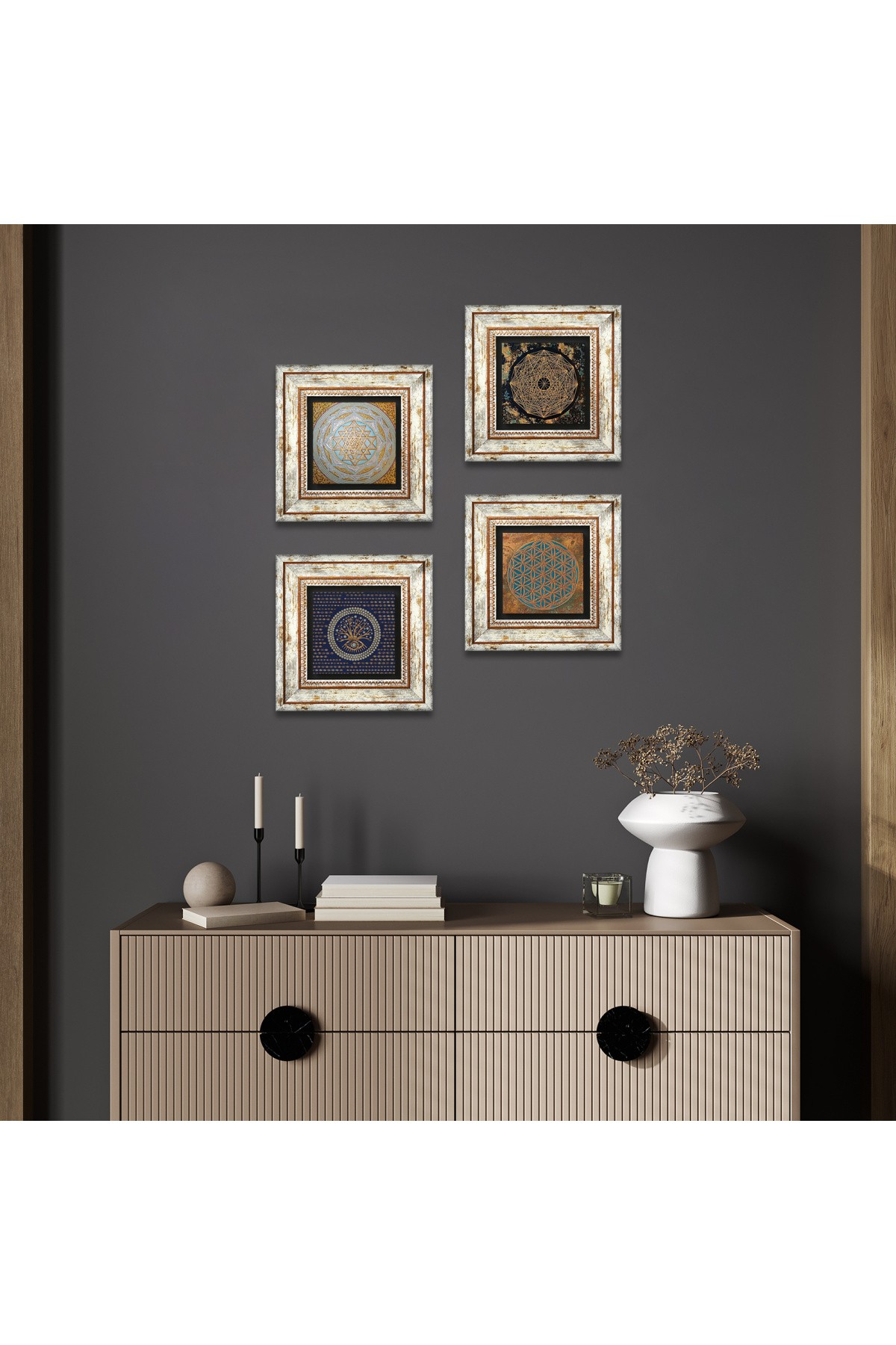 Yaşam Çiçeği, Nazar, Sri Yantra Taş Duvar Tablosu Çerçeveli Duvar Dekoru 4 Parça Tablo Seti Wall Art