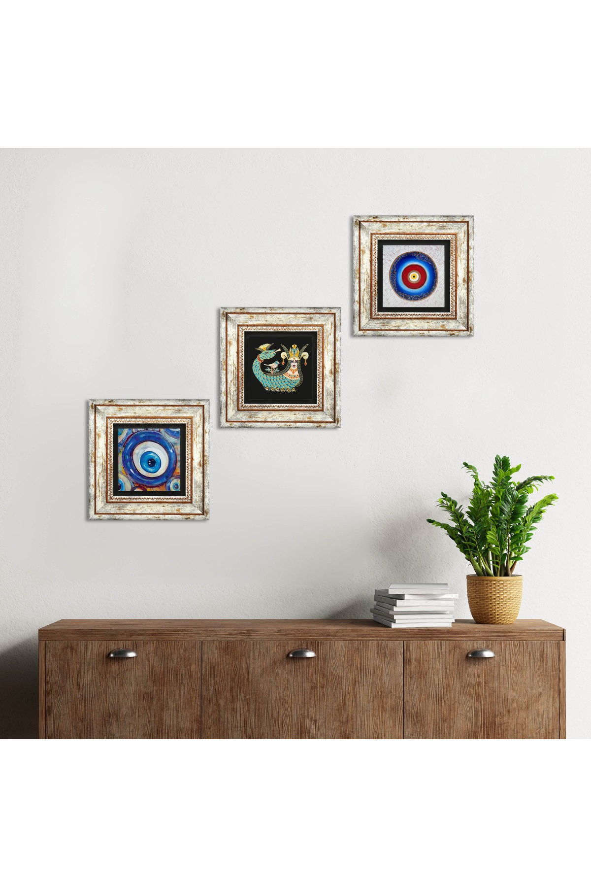 Evil Eye, Sahmeran Stone Wall Painting Framed Wall Decor 3 Piece Painting Set Wall Art