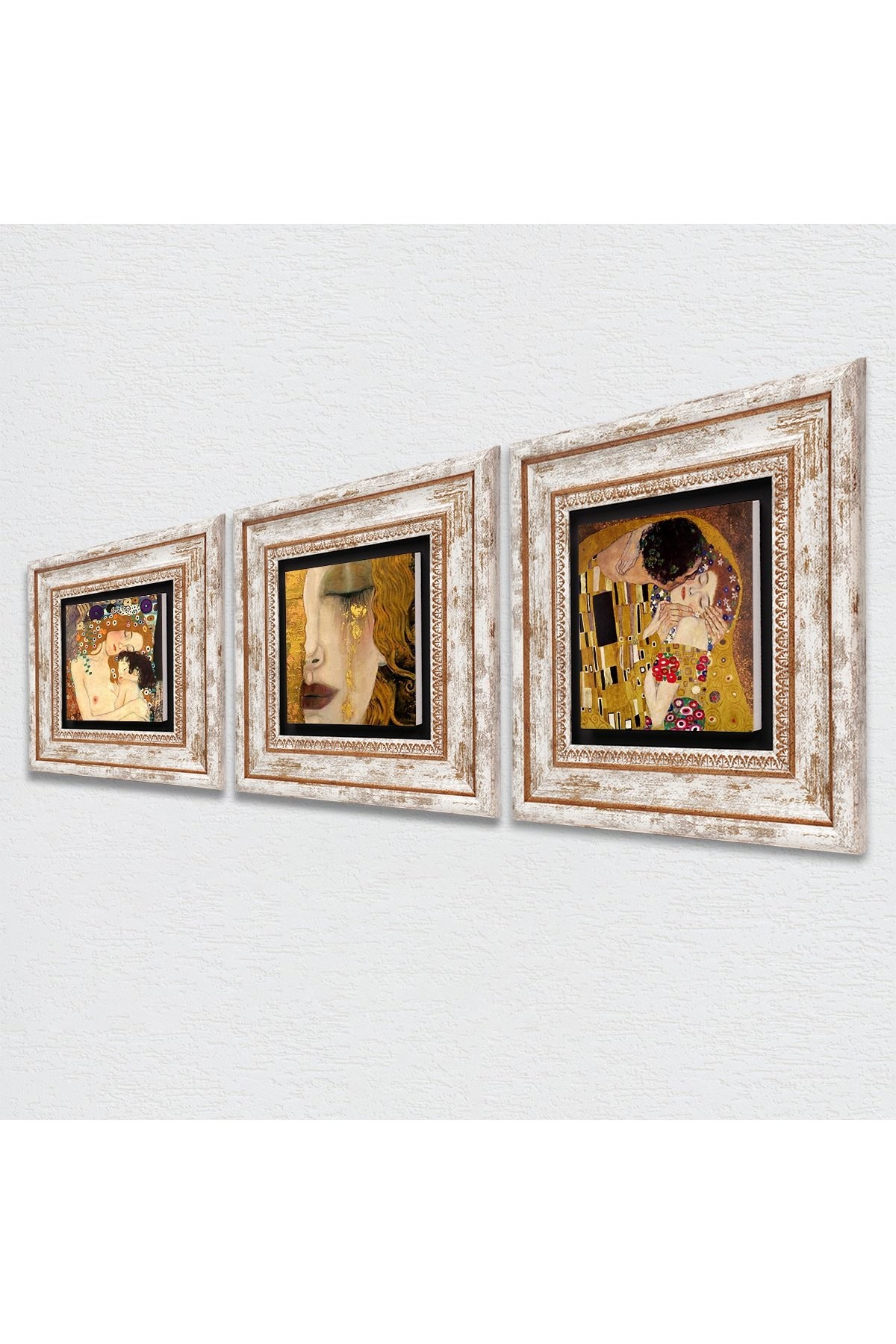 Gustav Klimt Golden Tears, Mother Child, Kiss Stone Wall Painting Framed Wall Decor 3 Piece Painting Set Wall Art