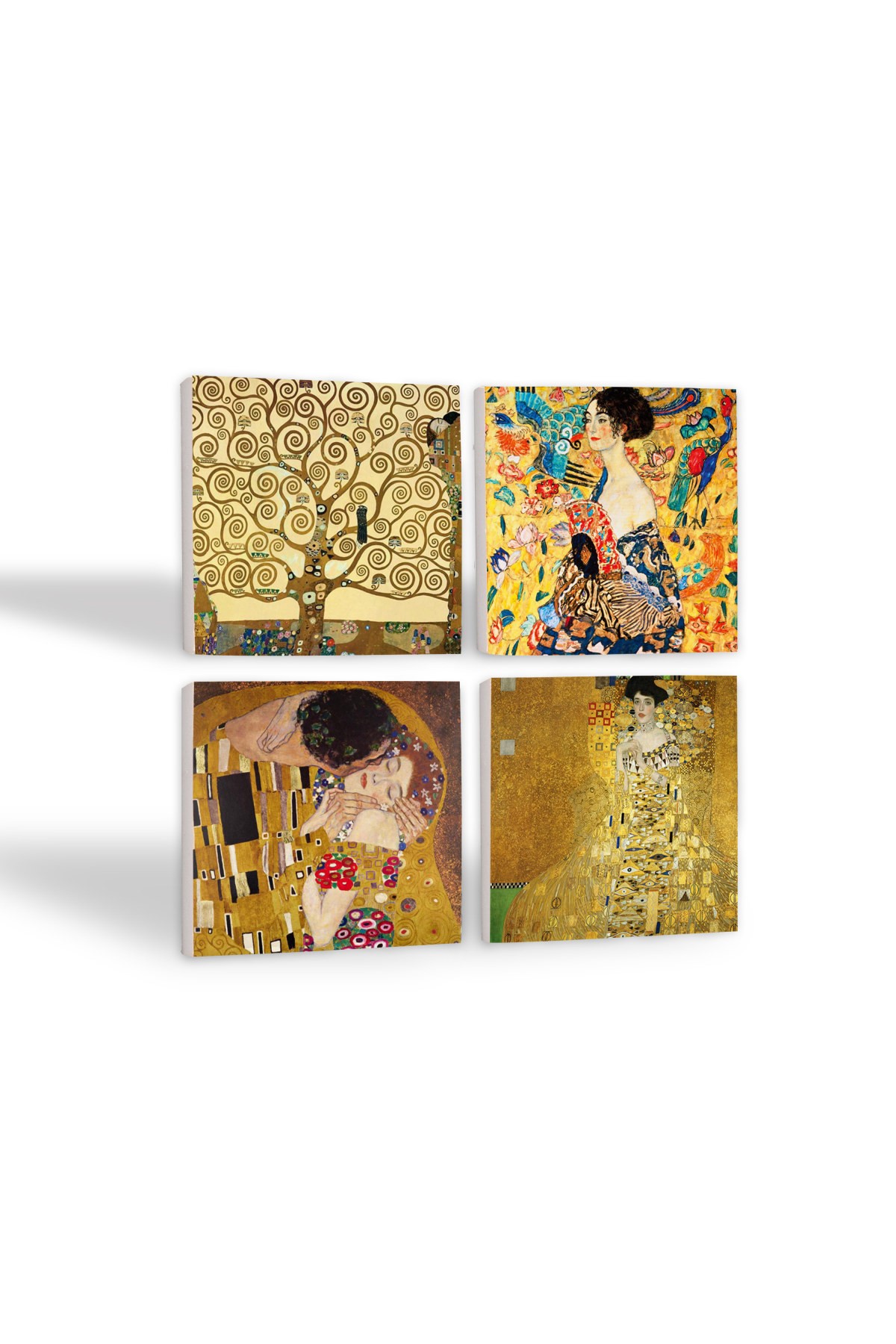 Gustav Klimt Yelpazeli Kadın, Adele Bloch-Bauer'in Portresi, Öpücük, Hayat Ağacı Taş Bardak Altlığı Masaüstü Koruyucu Altlık 4 Parça Set 10x10cm Stone Coasters