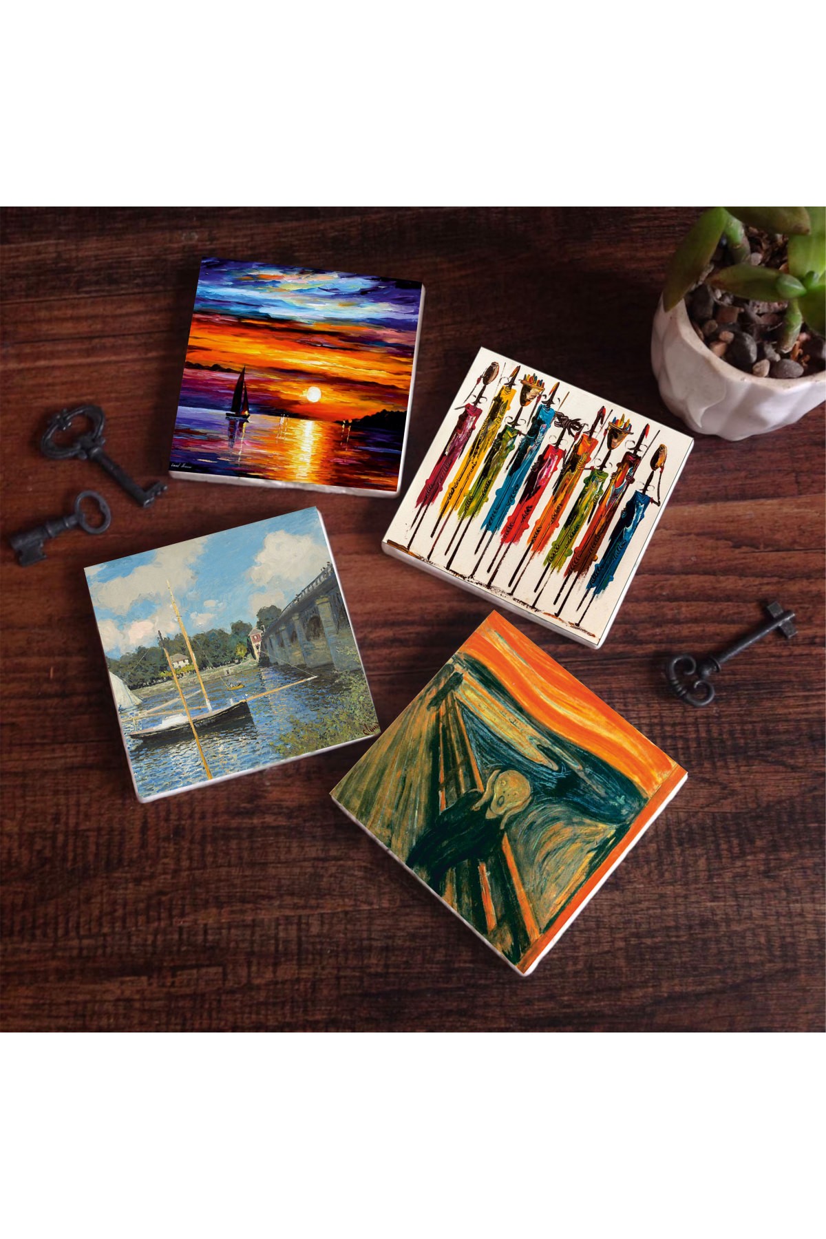 Claude Monet Argenteuil'de Köprü, Çığlık, Yerli Kadınlar, Deniz Manzarası Taş Bardak Altlığı Masaüstü Koruyucu Altlık 4 Parça Set 10x10cm Stone Coasters